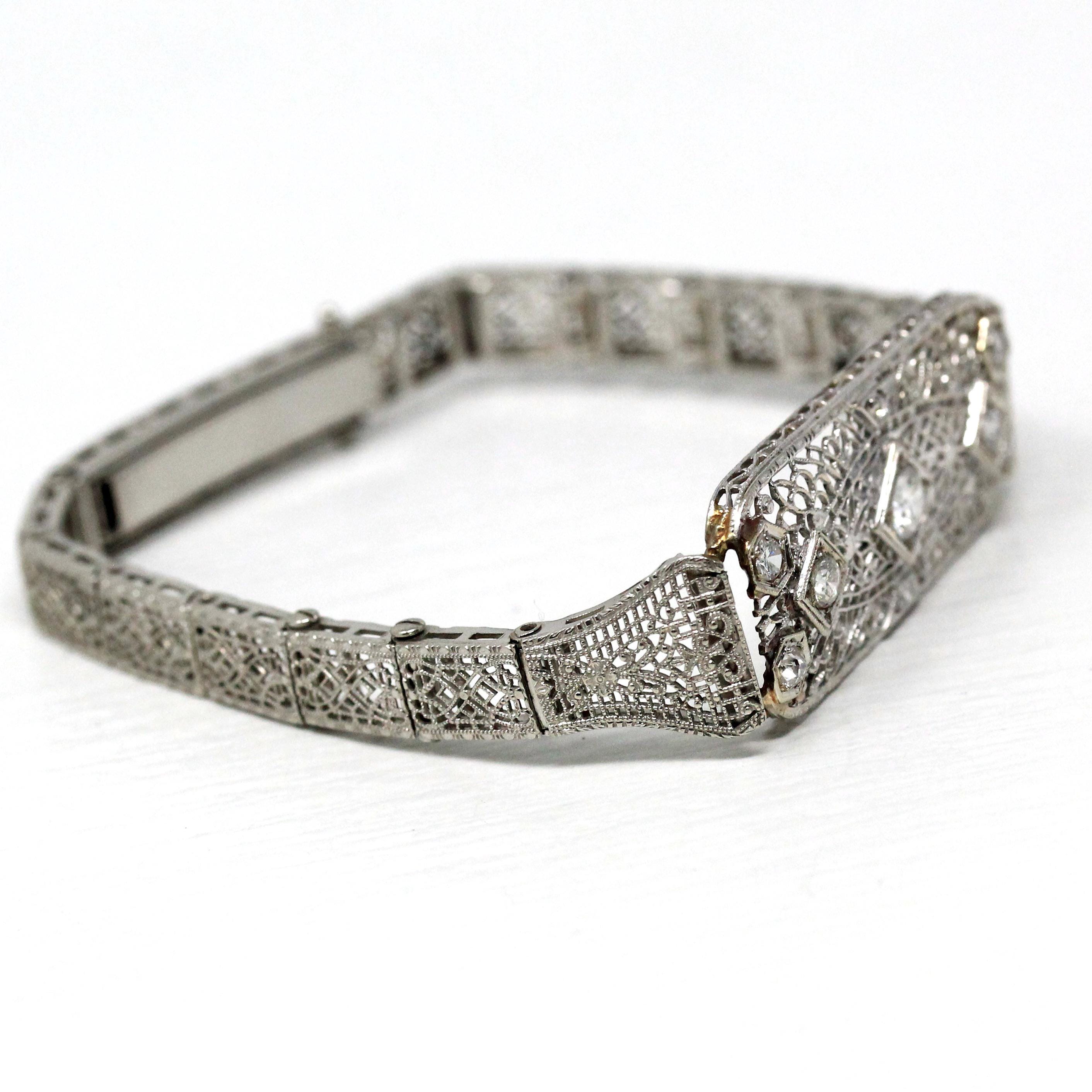 Art Deco Bracelet - Vintage 10k White Gold Filigree Diamond & Cubic Zirconia - Circa 1930s Era Wedding Floral Filigree Panels Fine Jewelry