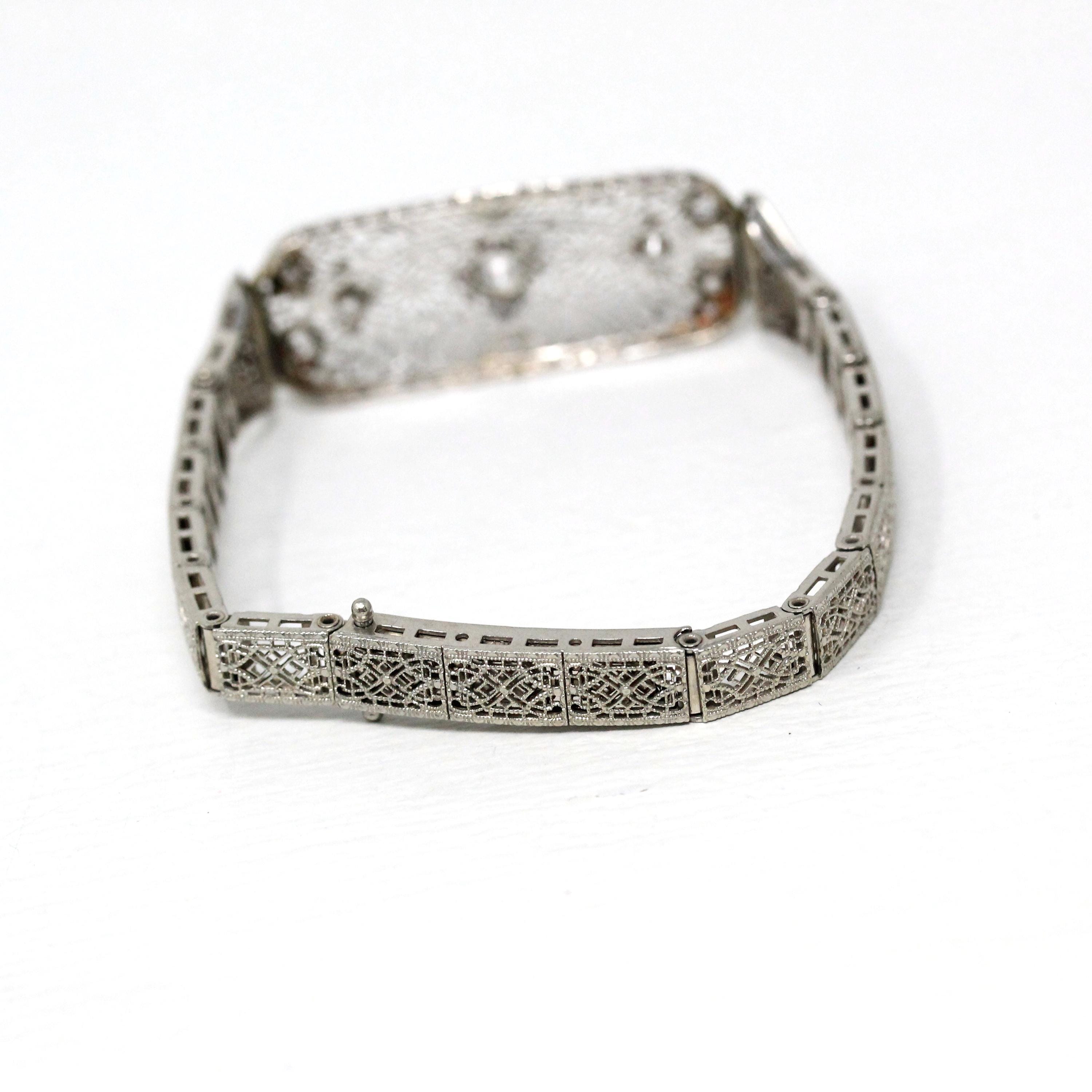 Art Deco Bracelet - Vintage 10k White Gold Filigree Diamond & Cubic Zirconia - Circa 1930s Era Wedding Floral Filigree Panels Fine Jewelry