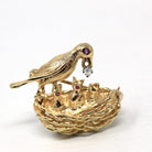 Vintage Bird Nest Brooch - Retro 14k Yellow Gold Genuine Diamond & Ruby Pin - Estate Statement Animal Mother Babies Feeding Fine Jewelry
