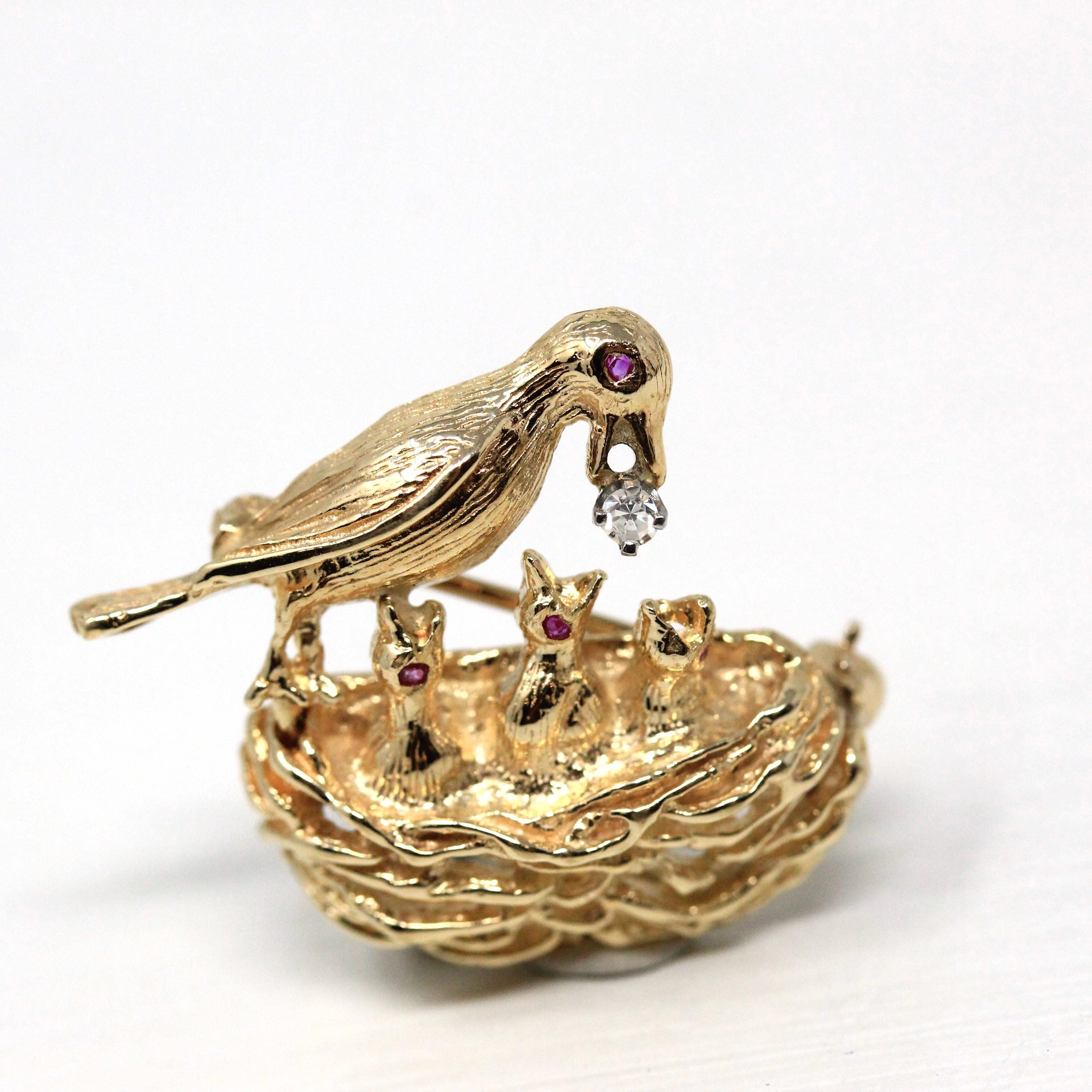 Vintage Bird Nest Brooch - Retro 14k Yellow Gold Genuine Diamond & Ruby Pin - Estate Statement Animal Mother Babies Feeding Fine Jewelry