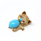 Vintage Cat Brooch - Retro 14k Yellow Gold Handmade Created Turquoise Pin - Circa 1960s Era Figural Gemstone Belly Feline Kitty Fine Jewelry