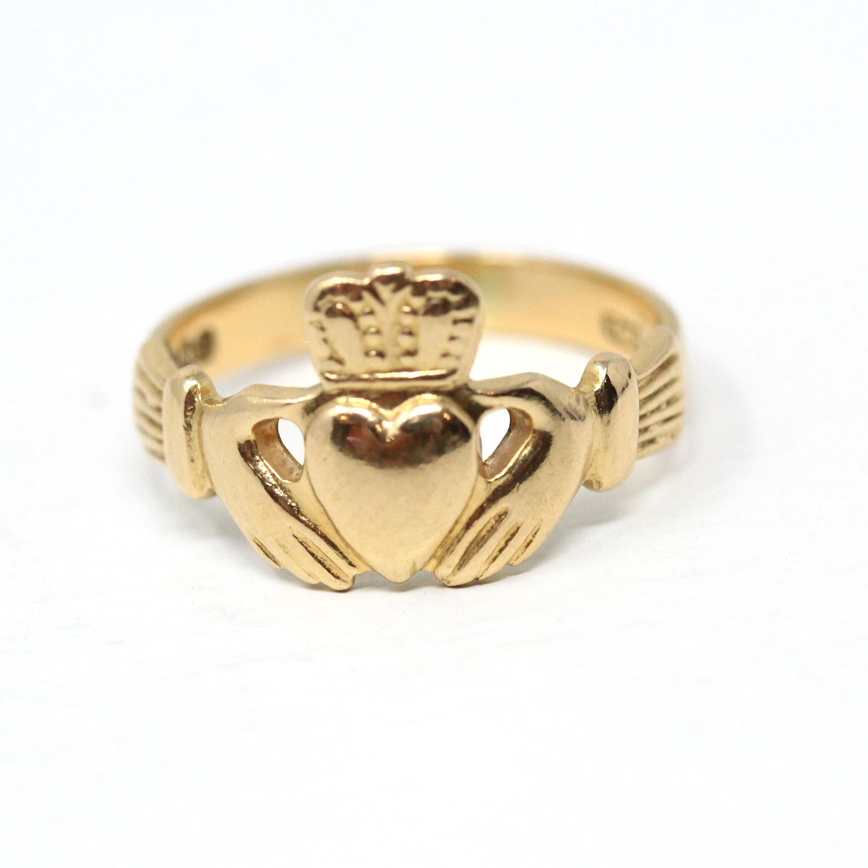 Retro Claddagh Ring Irish 18k Yellow Gold Heart Clasped Hand