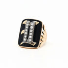 Letter "I" Ring - Victorian 10k Rose Gold Black Chalcedony Onyx Signet - Vintage 1890s Size 4 Black Initial Old English Diamonds Jewelry