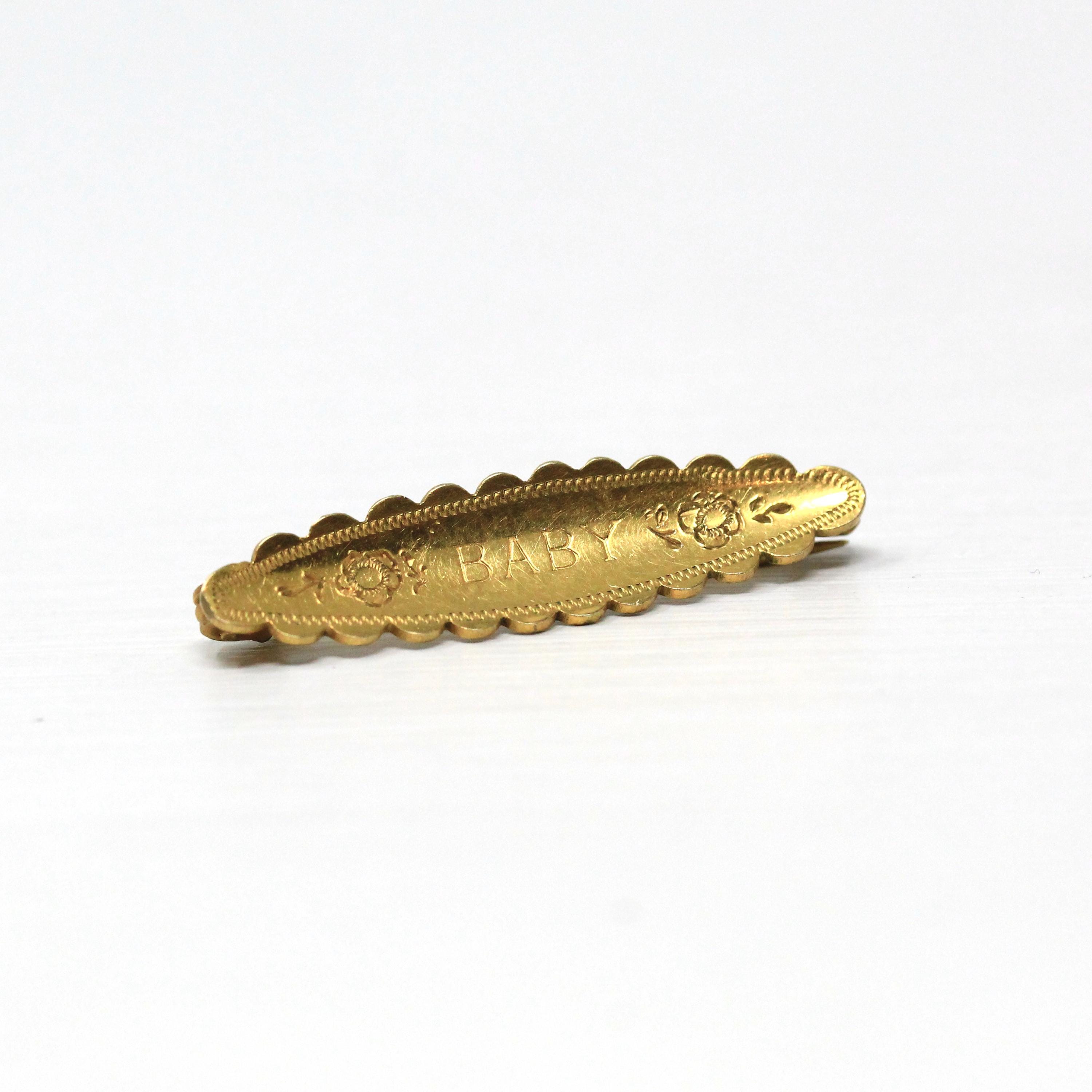 Antique Baby Brooch - Victorian Yellow Gold Fill Word Fashion Accessory Pin - Vintage Circa 1890s Fine Scalloped Cartouche Infant Jewelry