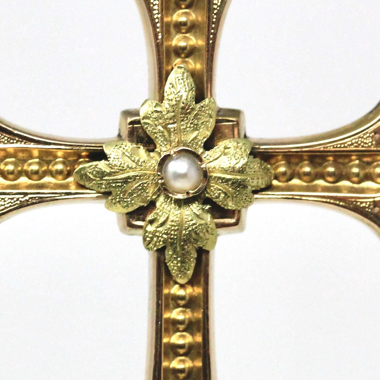 Antique Cross Necklace - Victorian Era 18k Gold Flower Leaf