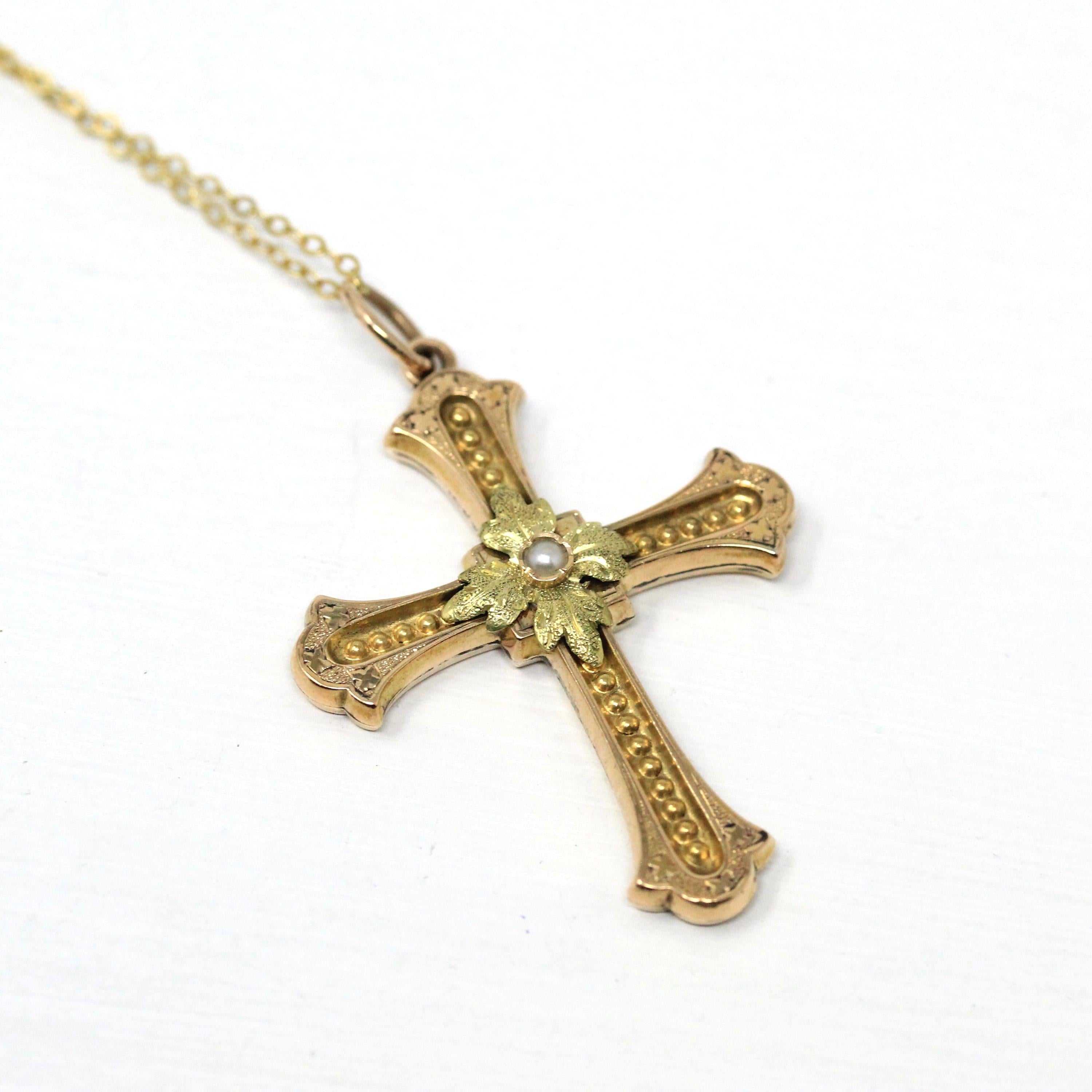 Antique Cross Necklace - Victorian Era 18k Gold Flower Leaf Crucifix Pendant - Circa 1890s Era Religious Faith Two Tone Pearl Fine Jewelry