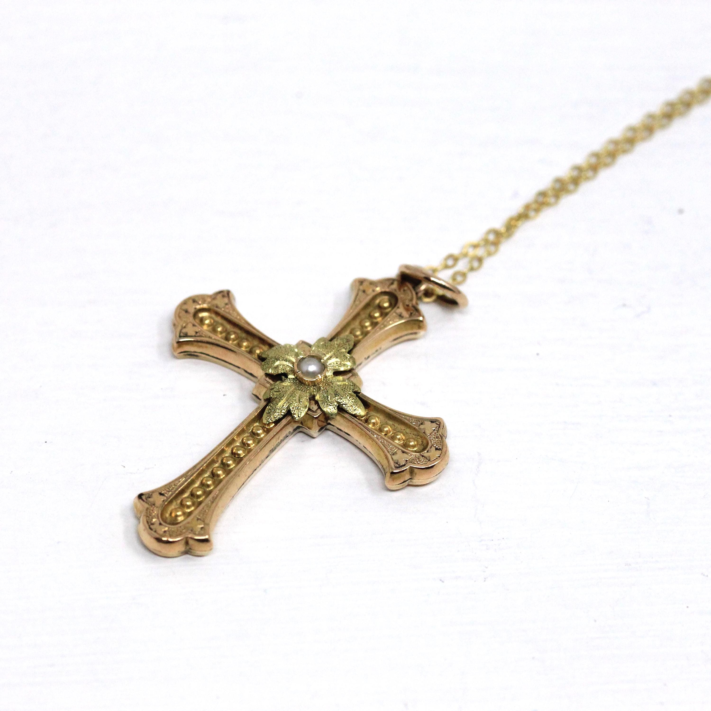 Antique Cross Necklace - Victorian Era 18k Gold Flower Leaf Crucifix Pendant - Circa 1890s Era Religious Faith Two Tone Pearl Fine Jewelry