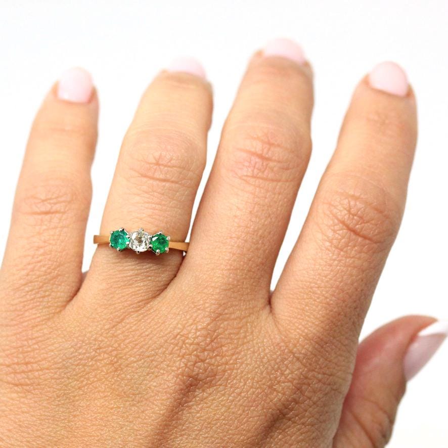 Emerald & Diamond Ring - Estate 18k Yellow and White Gold Three Gemstones - Modern 2000s Old Mine Cut Size 6 1/2 May Birthstone Fine Jewelry