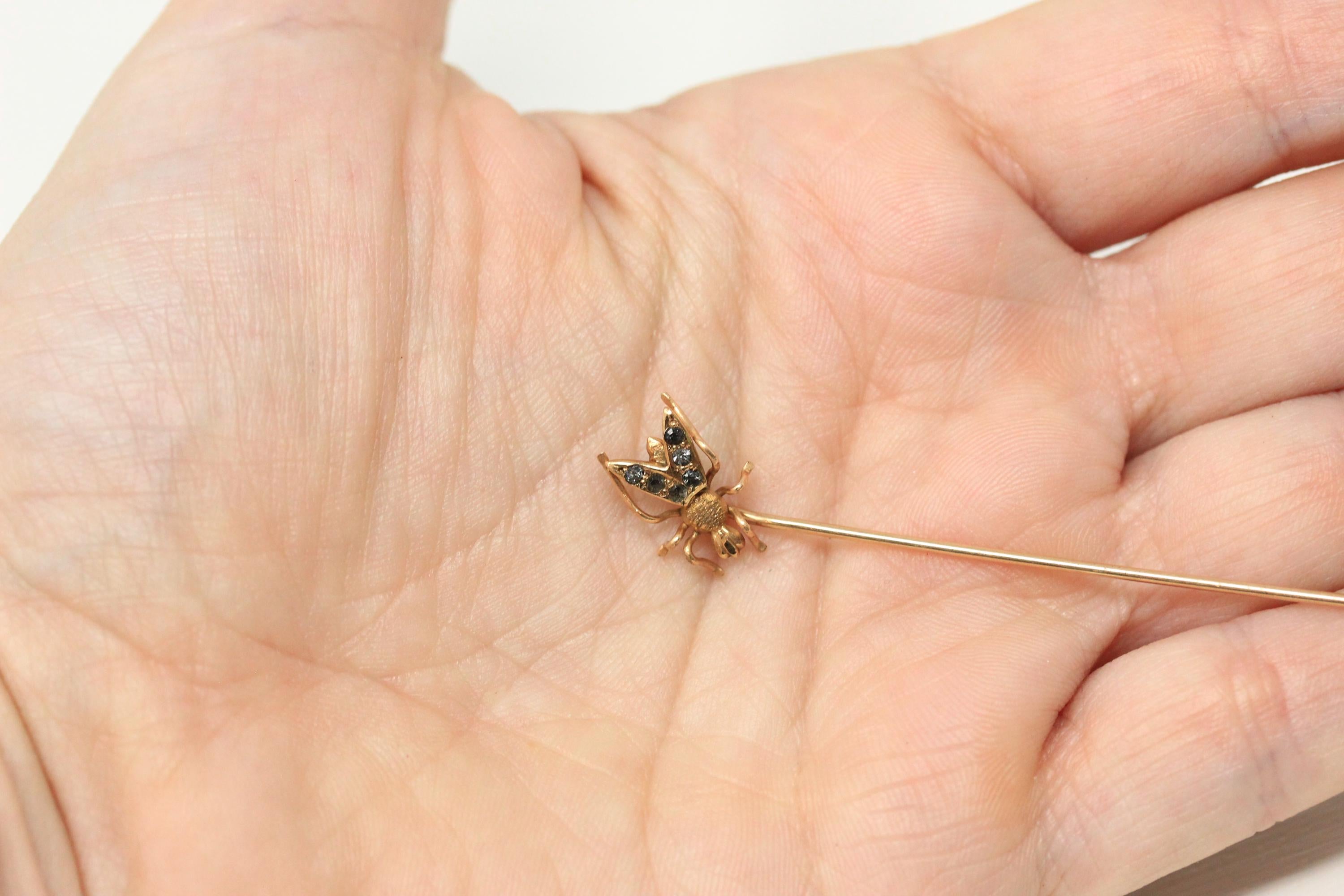 Vintage Fly Stick Pin - Antique 10k Yellow Gold Rhinestones Bug Brooch - Edwardian 1900s Hat Fashion Accessory Dainty Insect Fine Jewelry