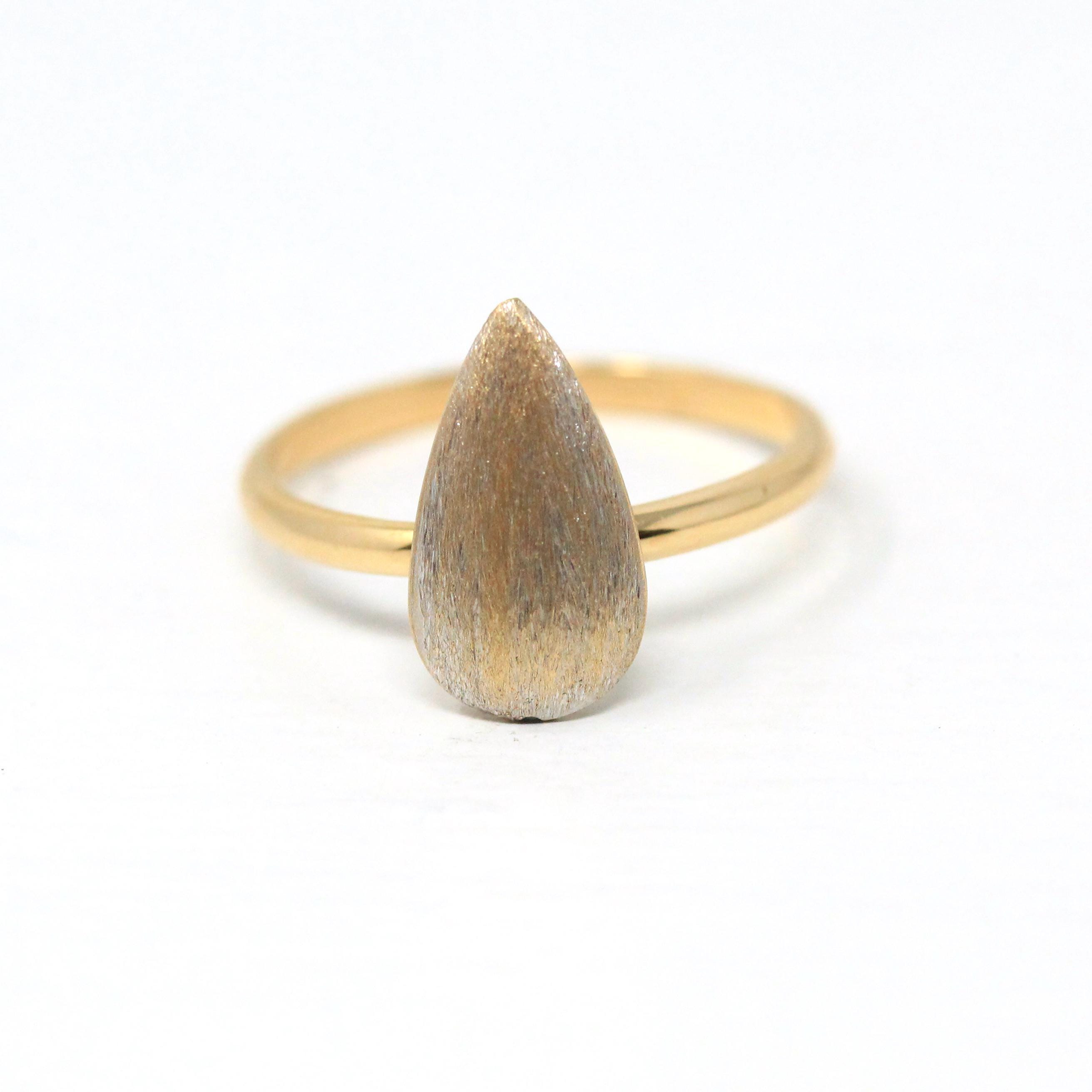 Modern Teardrop Ring - Estate 18k Gold Yellow White Two Tone Textured Pear Band - Circa 2010 Size 6 1/2 Stacking Dainty Lazurde Fine Jewelry