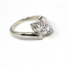 Vintage Bypass Ring - 14k White Gold White Zircon Three Stone Navette - Size 8 3/4 Circa 1950s Era Anniversary Simulant Fine Jewelry