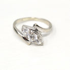 Vintage Bypass Ring - 14k White Gold White Zircon Three Stone Navette Style - Size 8 3/4 Circa 1950s Era Anniversary Simulant Fine Jewelry