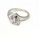 Vintage Bypass Ring - 14k White Gold White Zircon Three Stone Navette Style - Size 8 3/4 Circa 1950s Era Anniversary Simulant Fine Jewelry