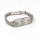 Art Deco Bracelet - Vintage 10k White Gold Filigree Diamond & Cubic Zirconia - Circa 1930s Era Wedding Floral Filigree Panels Fine Jewelry