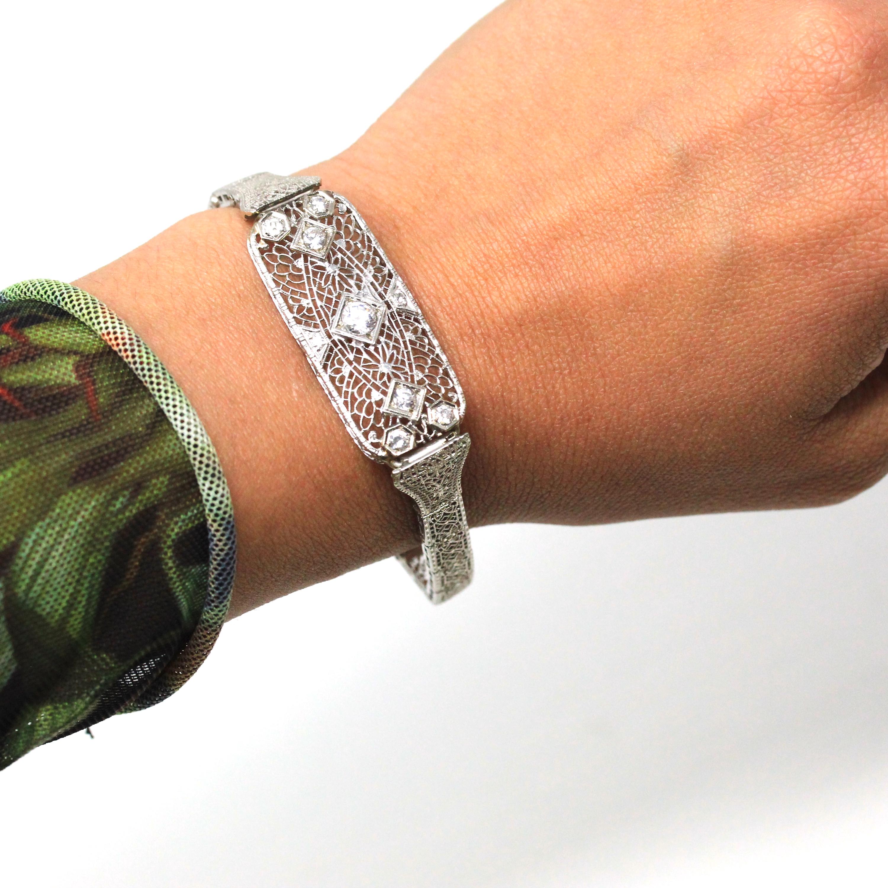 Art Deco Bracelet - Vintage 10k White Gold Filigree Diamond & Cubic Zirconia - Circa 1930s Era Wedding Floral Filigree Panels Fine Jewelry