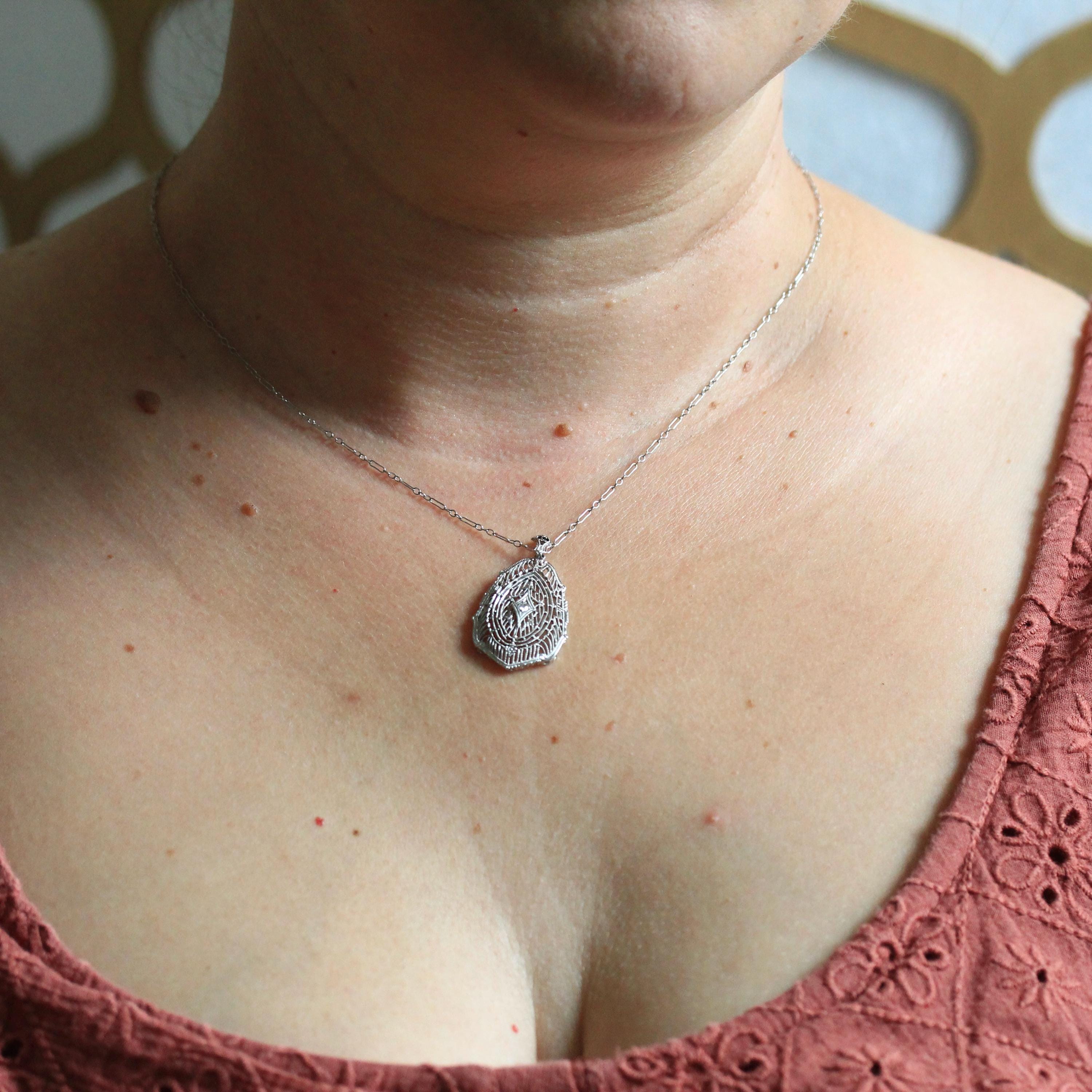 Art Deco Necklace - Vintage 10k White Gold Genuine .03 CT Diamond Gem Pendant Lavalier - Antique Circa 1920s Filigree Statement Fine Jewelry