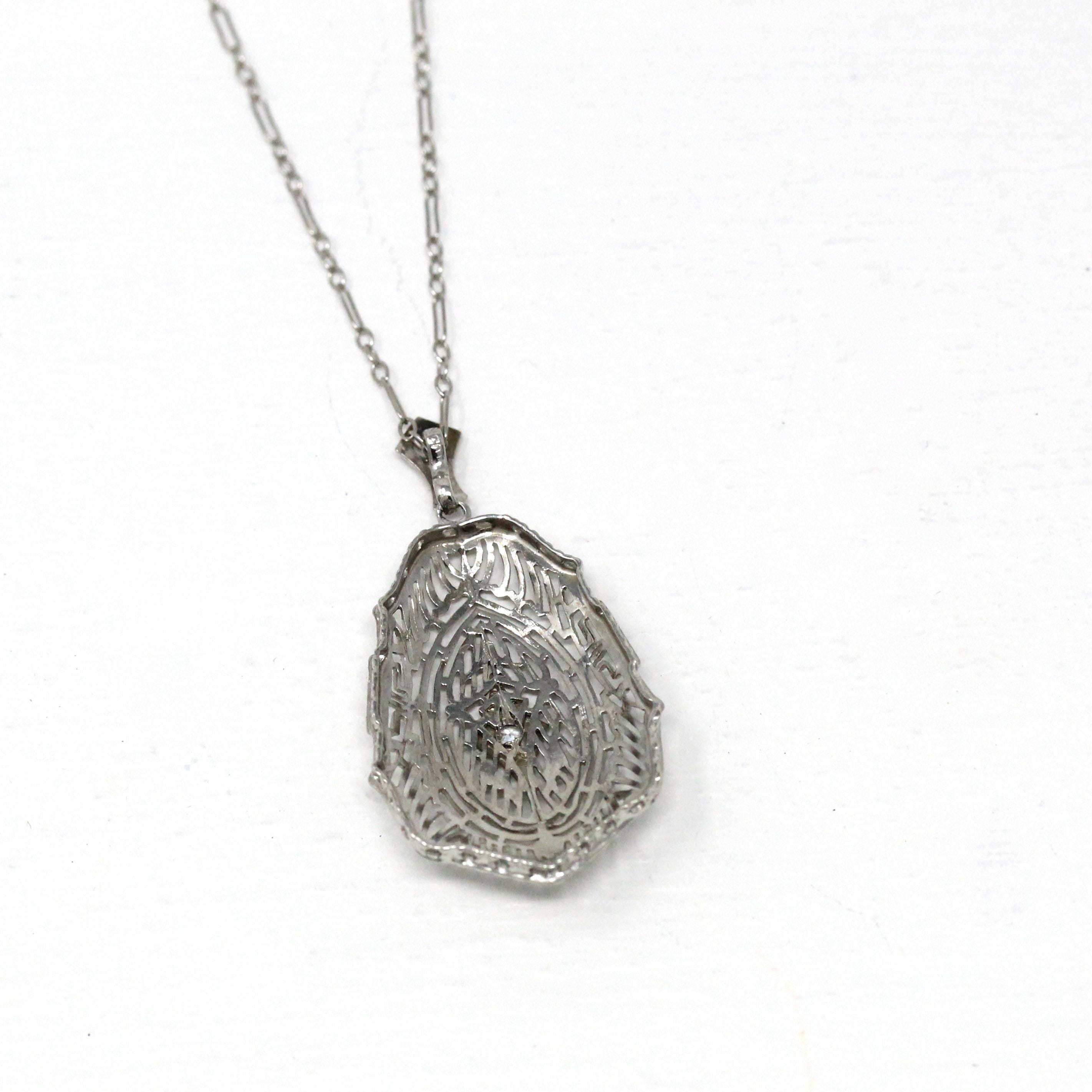 Art Deco Necklace - Vintage 10k White Gold Genuine .03 CT Diamond Gem Pendant Lavalier - Antique Circa 1920s Filigree Statement Fine Jewelry