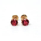 Pink Glass Earrings - Retro 10k Yellow Gold Threaded Push Backs Pair - Circa 1940s Era Round Faceted Pink Red Stones Fine 40s Jewelry