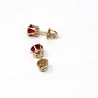 Pink Glass Earrings - Retro 10k Yellow Gold Threaded Push Backs Pair - Circa 1940s Era Round Faceted Pink Red Stones Fine 40s Jewelry
