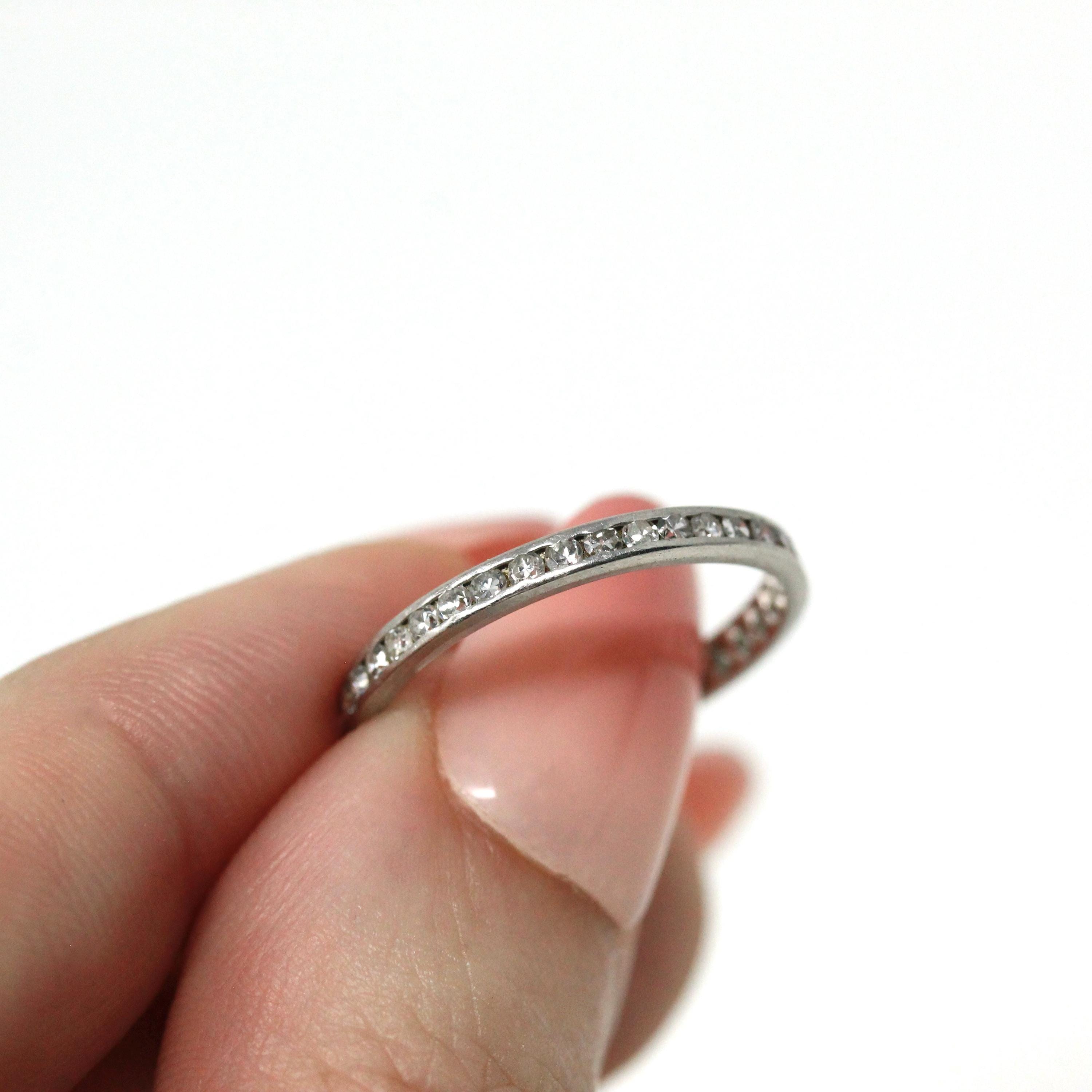 Diamond Eternity Band - Art Deco Platinum 3/4 CTW Genuine Round Single Cut Ring - Antique Circa 1920s Size 5.5 Wedding Fine Precious Jewelry