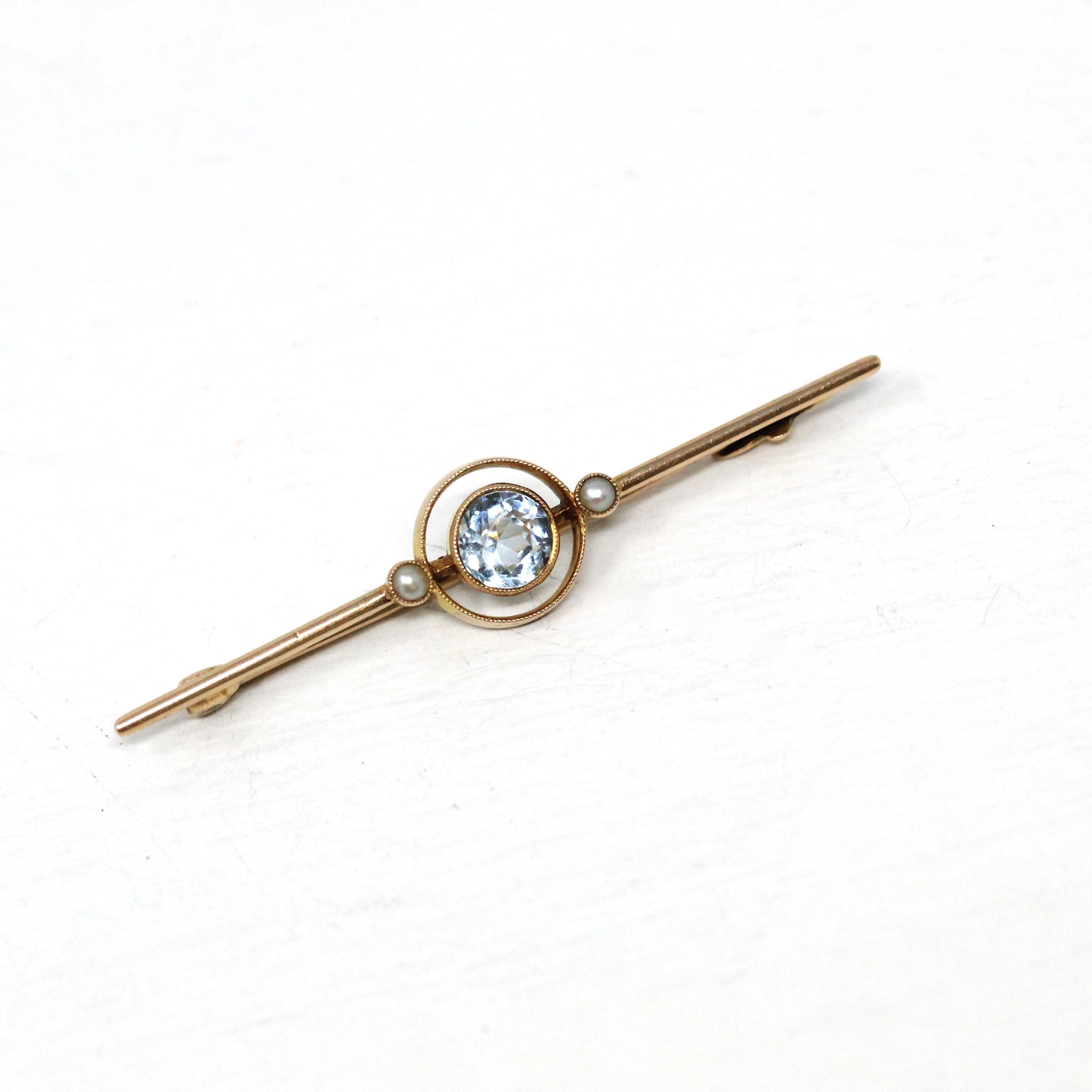 Simulated Aqua Brooch - Antique Edwardian 9k Yellow Gold Light Blue Glass Gem & Cultured Seed Pearls - Circa 1910s Birthstone Fine Jewelry