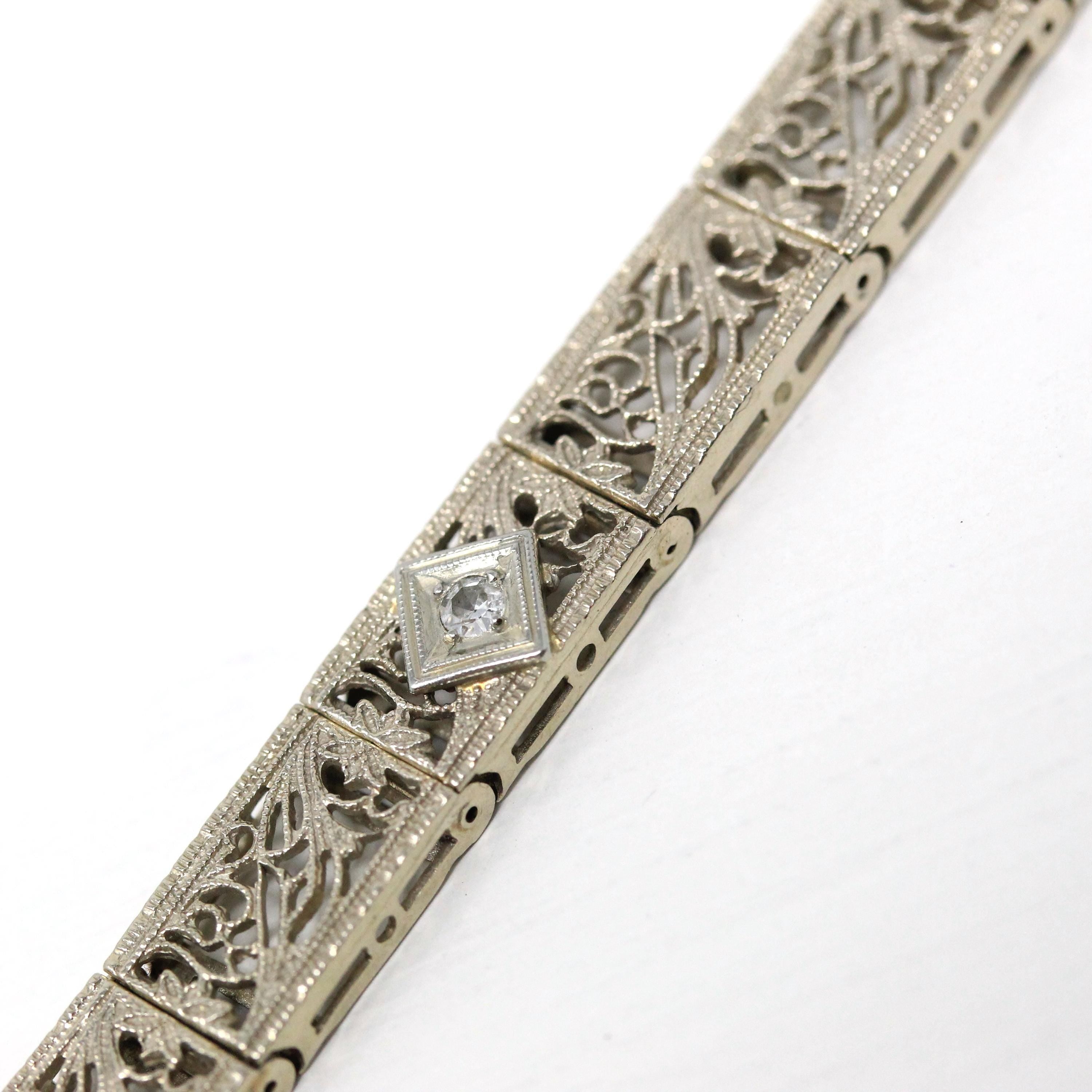 Art Deco Bracelet - Vintage 14k White Gold Filigree Genuine Diamond Gemstones - Vintage Circa 1930s Simulated Sapphire Tennis Fine Jewelry