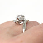 Vintage Bypass Ring - 14k White Gold White Zircon Three Stone Navette Style - Size 8 3/4 Circa 1950s Era Anniversary Simulant Fine Jewelry