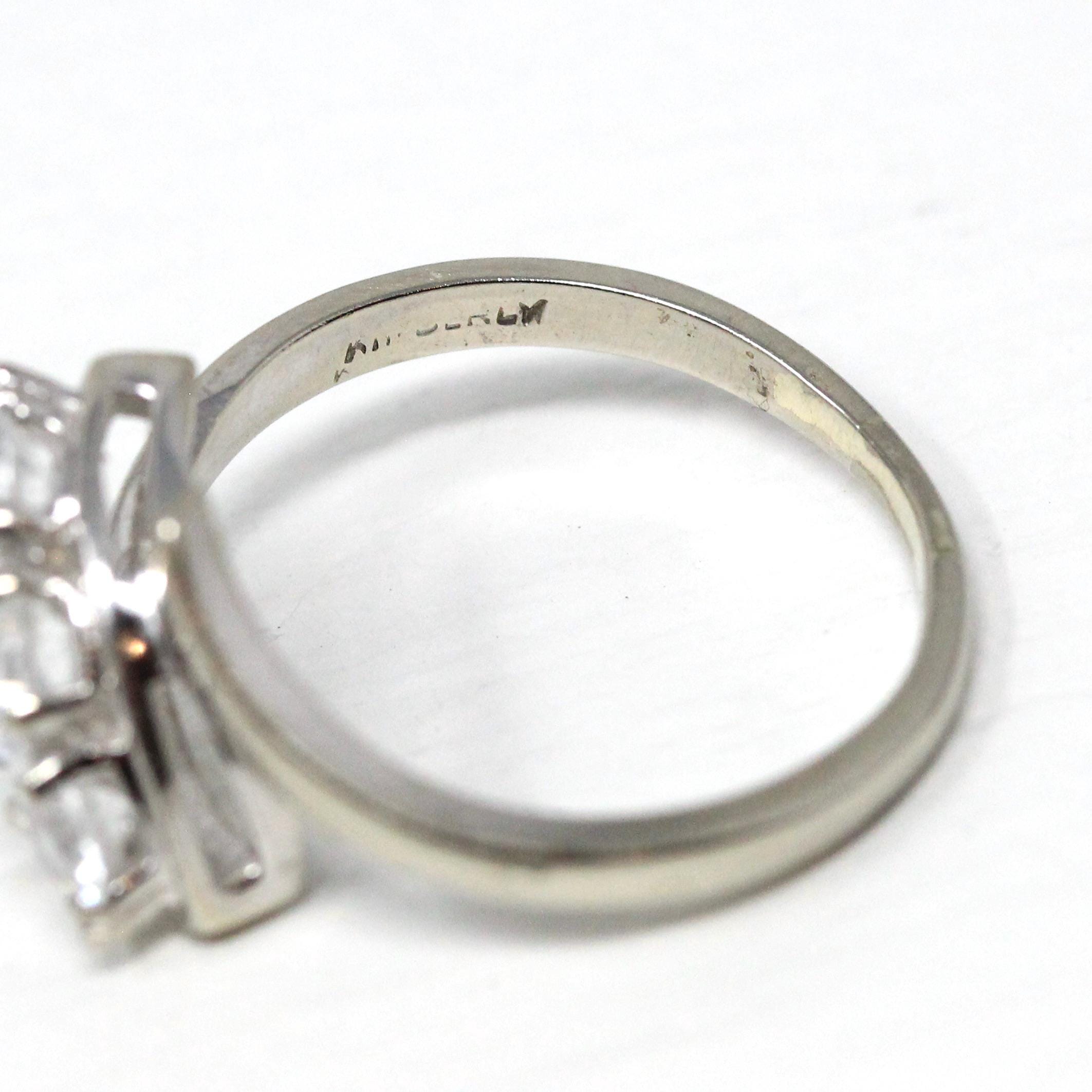 Vintage Bypass Ring - 14k White Gold White Zircon Three Stone Navette Style - Size 8 3/4 Circa 1950s Era Anniversary Simulant Fine Jewelry