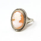 Vintage Cameo Ring - Art Deco 14k White Gold Carved Pink Shell Woman's Profile Ring - Circa 1930s Size 6 1/2 Floral Filigree Fine Jewelry