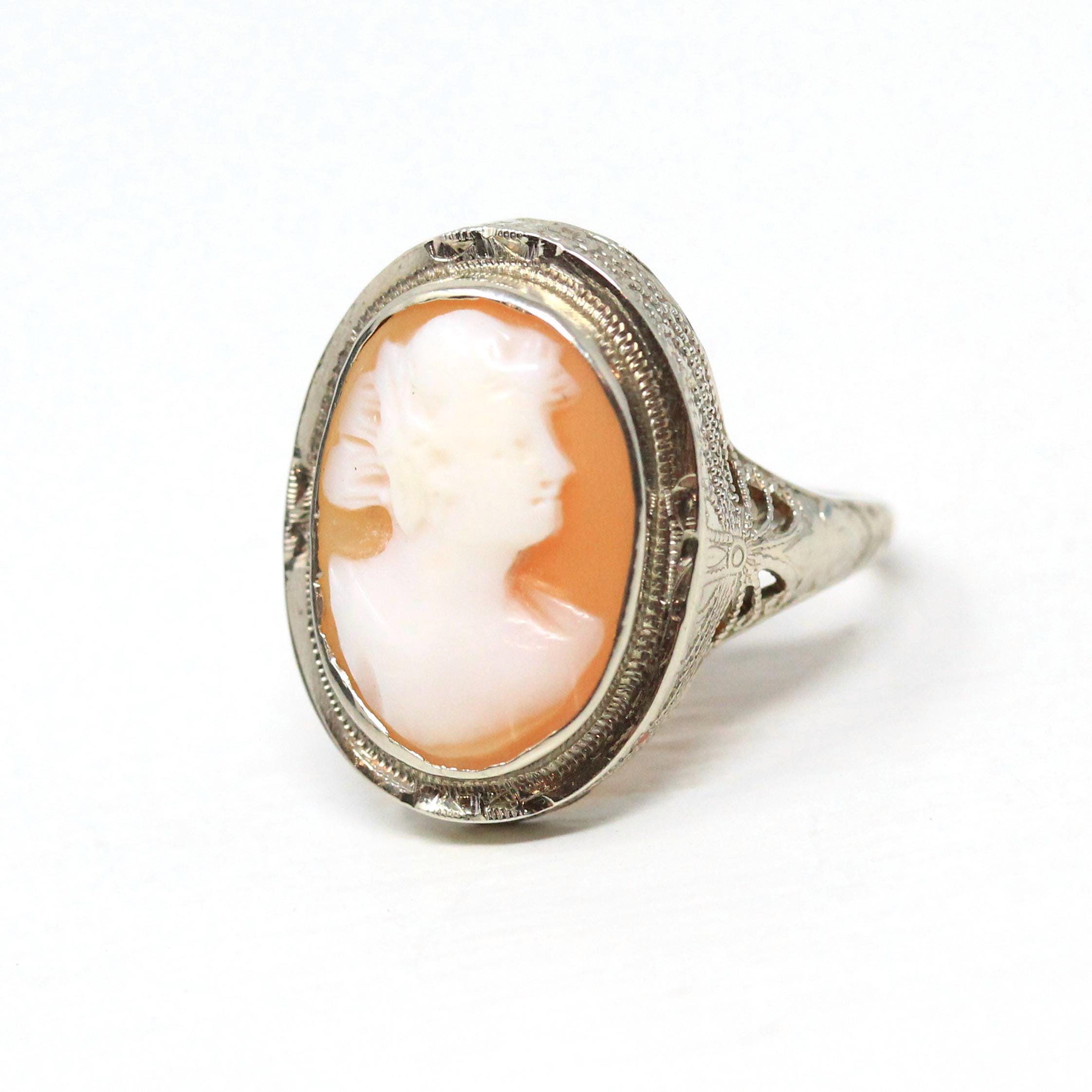 Vintage Cameo Ring - Art Deco 14k White Gold Carved Pink Shell Woman's Profile Ring - Circa 1930s Size 6 1/2 Floral Filigree Fine Jewelry