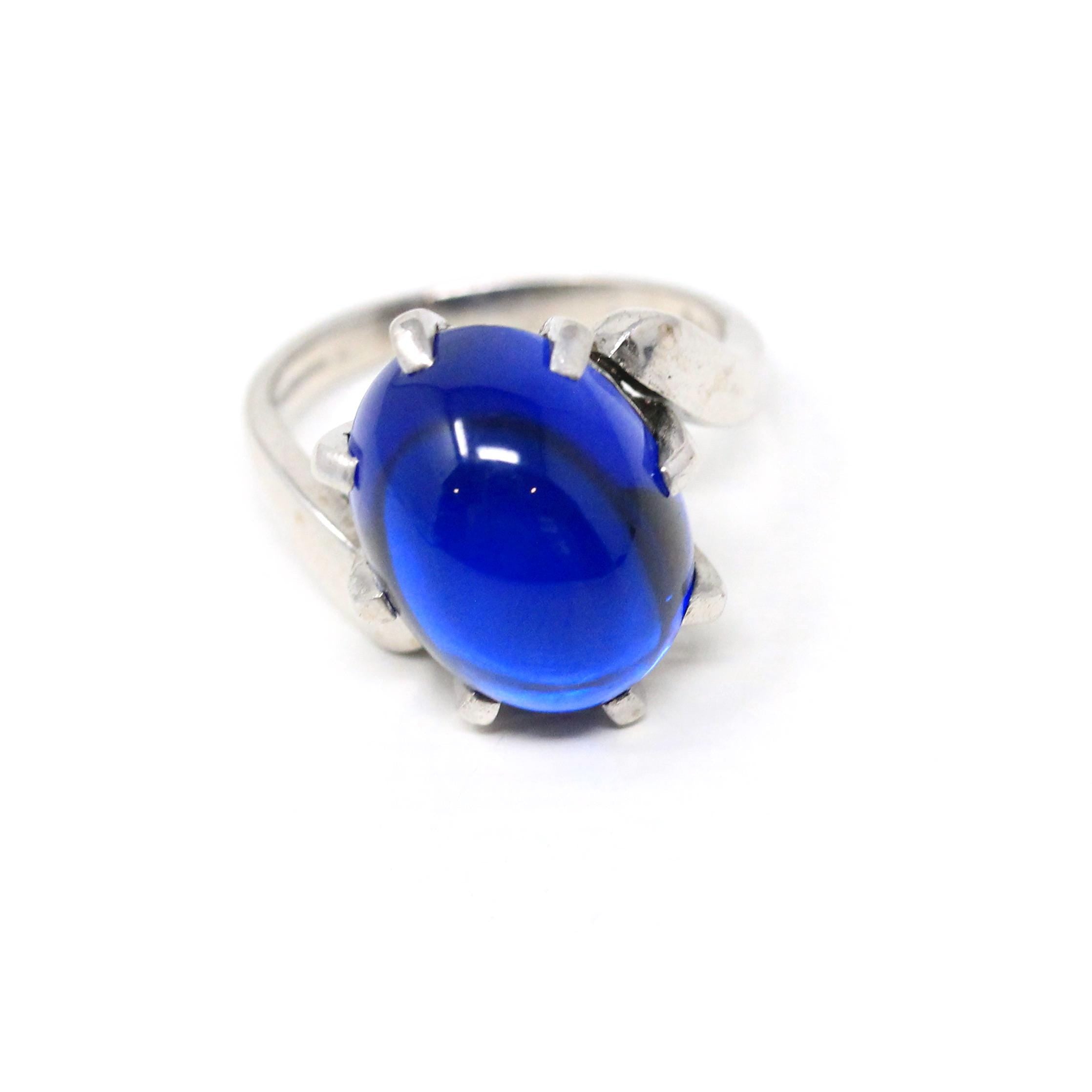 Created Spinel Ring - Retro 10k White Gold Oval Cabochon Blue Gemstone - Vintage Circa 1960s Era Size 5 Bypass Statement Fine 60s Jewelry