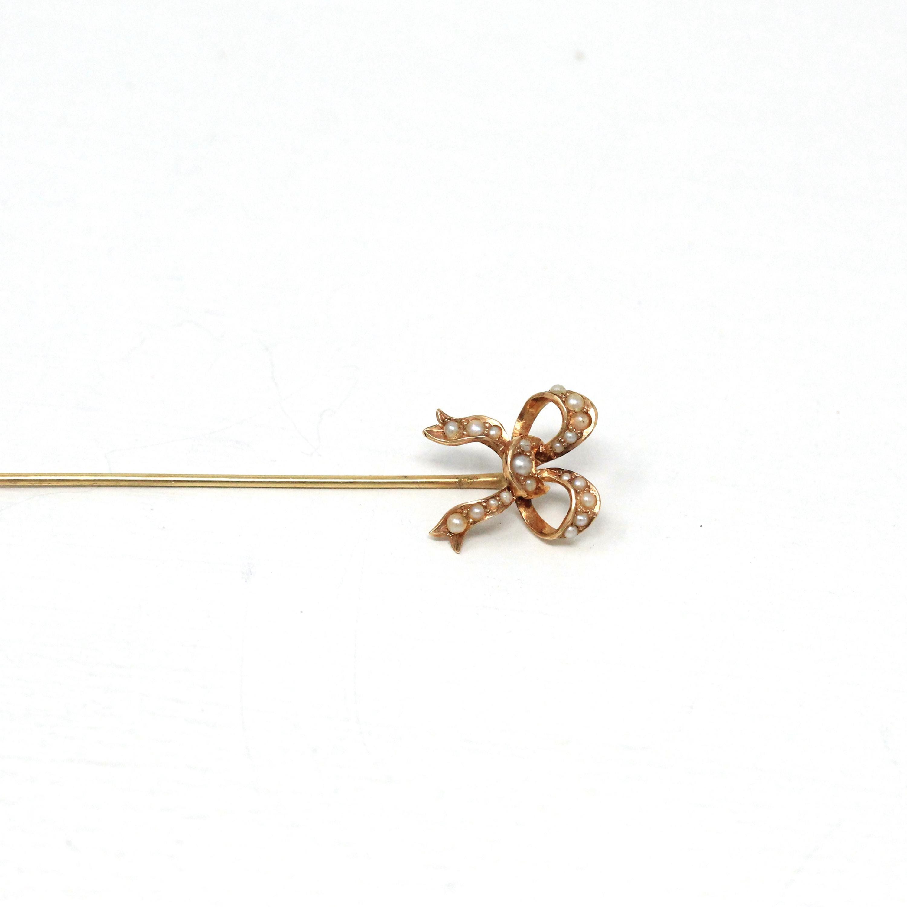 Antique Bow Stick Pin - Edwardian 14k Rose Gold Genuine Seed Pearl Gemstones - Vintage 1900s Era Unisex Tie Neckwear Dainty Fine Jewelry