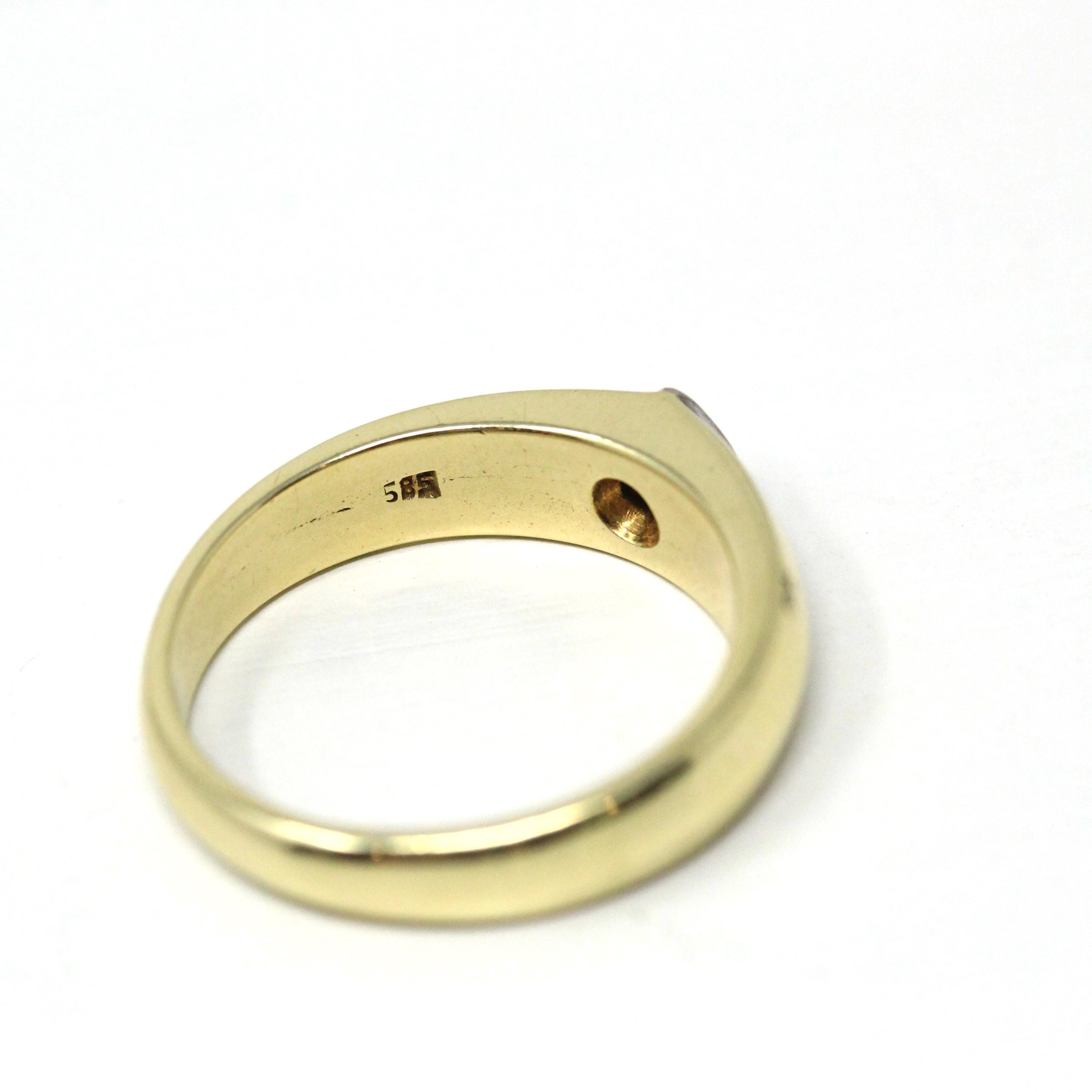 Genuine Diamond Ring - Estate 14k Yellow & White Gold Single Gemstone Tapered Band - Modern Size 10 Unisex Men's Wedding Two Tone Jewelry