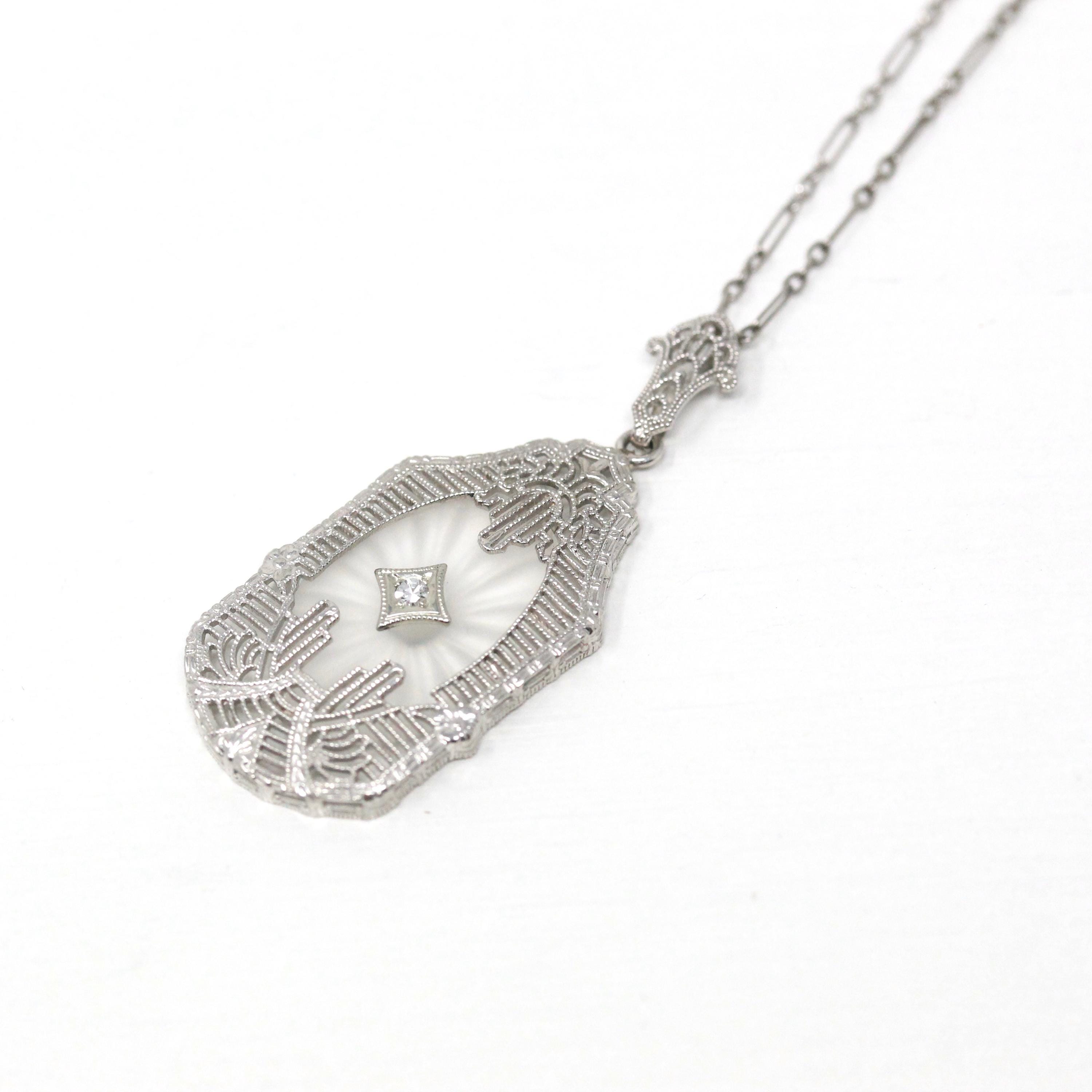 Rock Crystal Quartz Necklace Art Deco 10k White Gold Genuine