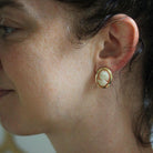Retro Cameo Earrings - Vintage 14k Yellow Gold Bezel Set Clipback Post Pierced Studs - Circa 1970s Push Back Woman's Profile Fine Jewelry