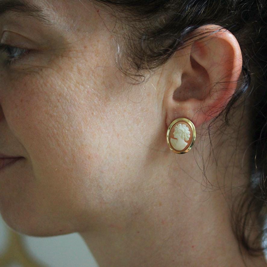 Retro Cameo Earrings - Vintage 14k Yellow Gold Bezel Set Clipback Post Pierced Studs - Circa 1970s Push Back Woman's Profile Fine Jewelry