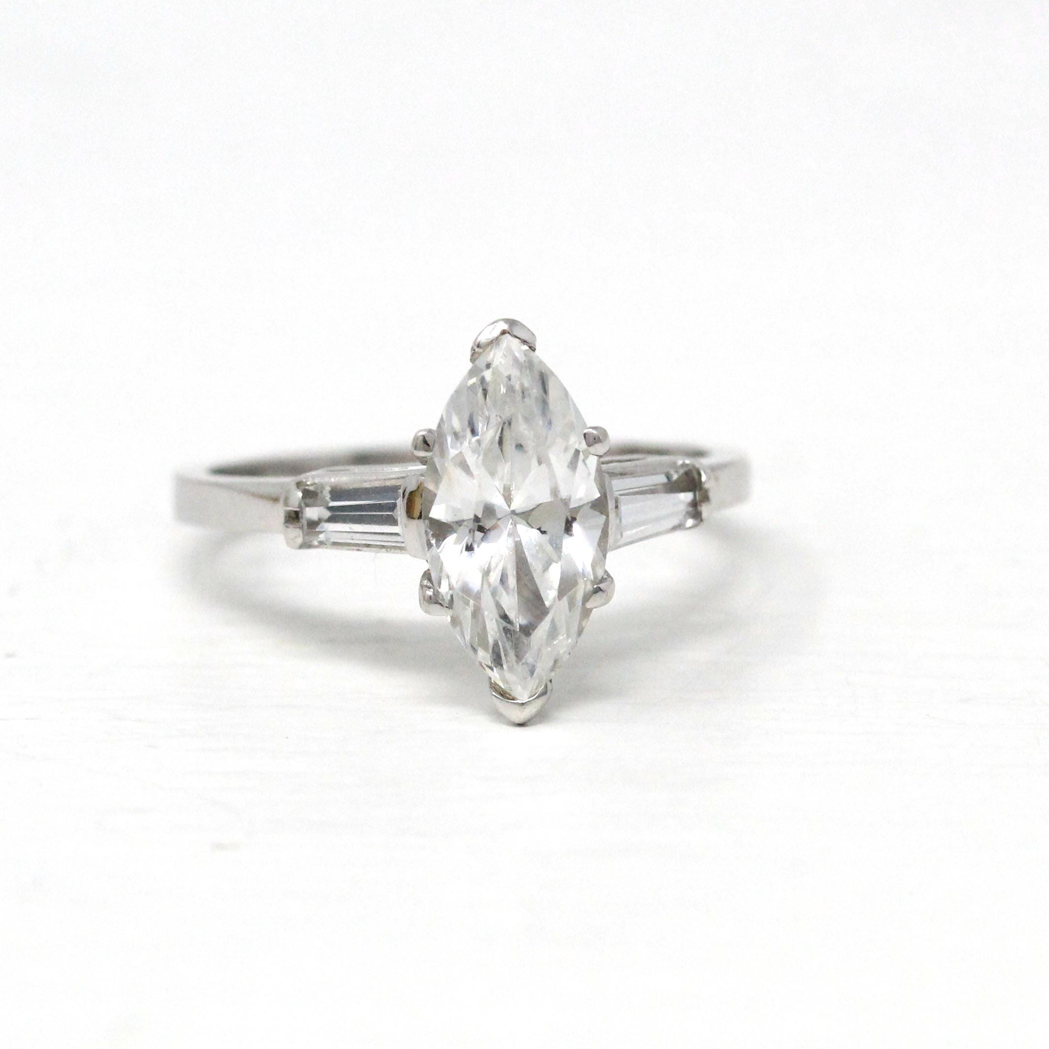 Simulated Diamond Engagement Ring - Vintage 14k White Gold Marquise CZ & Spinel - Circa 1970s Size 8.5 Alternative Clear Gems Bridal Jewelry