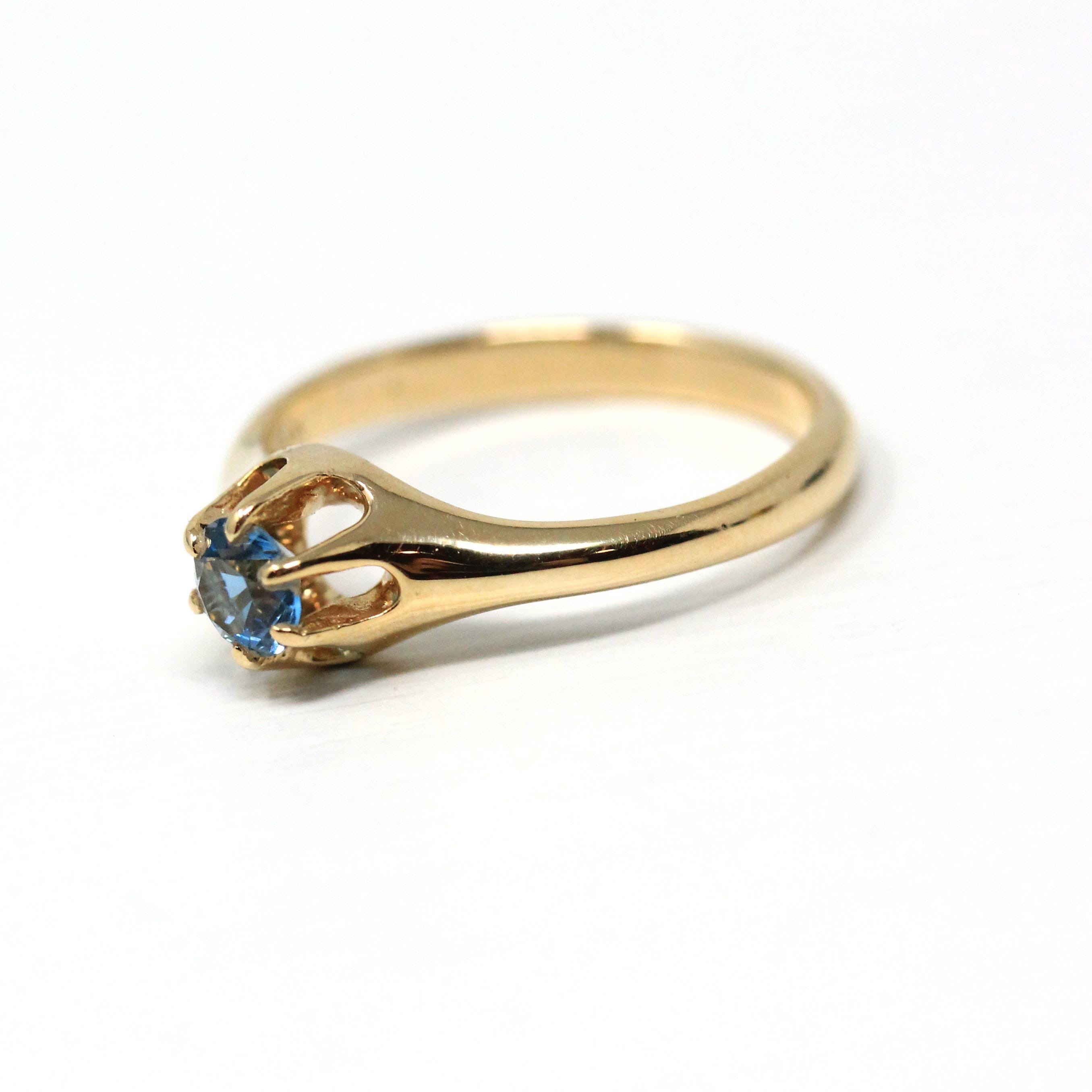 Blue Topaz Ring - Vintage 14k Yellow Gold Round Faceted Gemstone - Retro 1940s Era Size 5 Unisex Belcher Fine December Birthstone Jewelry