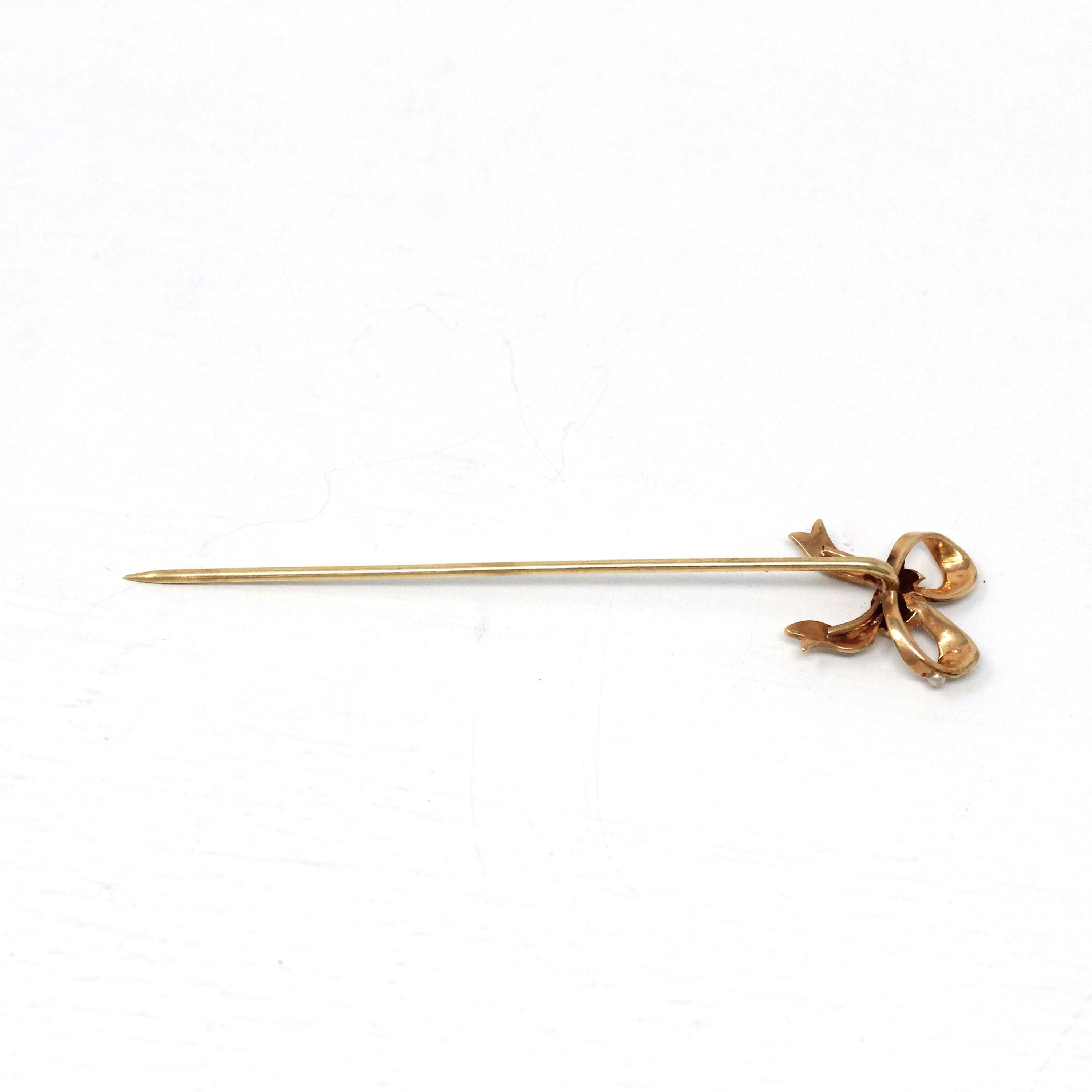 Antique Bow Stick Pin - Edwardian 14k Rose Gold Genuine Seed Pearl Gemstones - Vintage 1900s Era Unisex Tie Neckwear Dainty Fine Jewelry