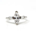 Diamond Engagement Ring - Vintage Platinum Genuine Marquise & Baguette Diamond - Circa 50s Size 6 1/4 Three Stone Fine Bridal Report Jewelry