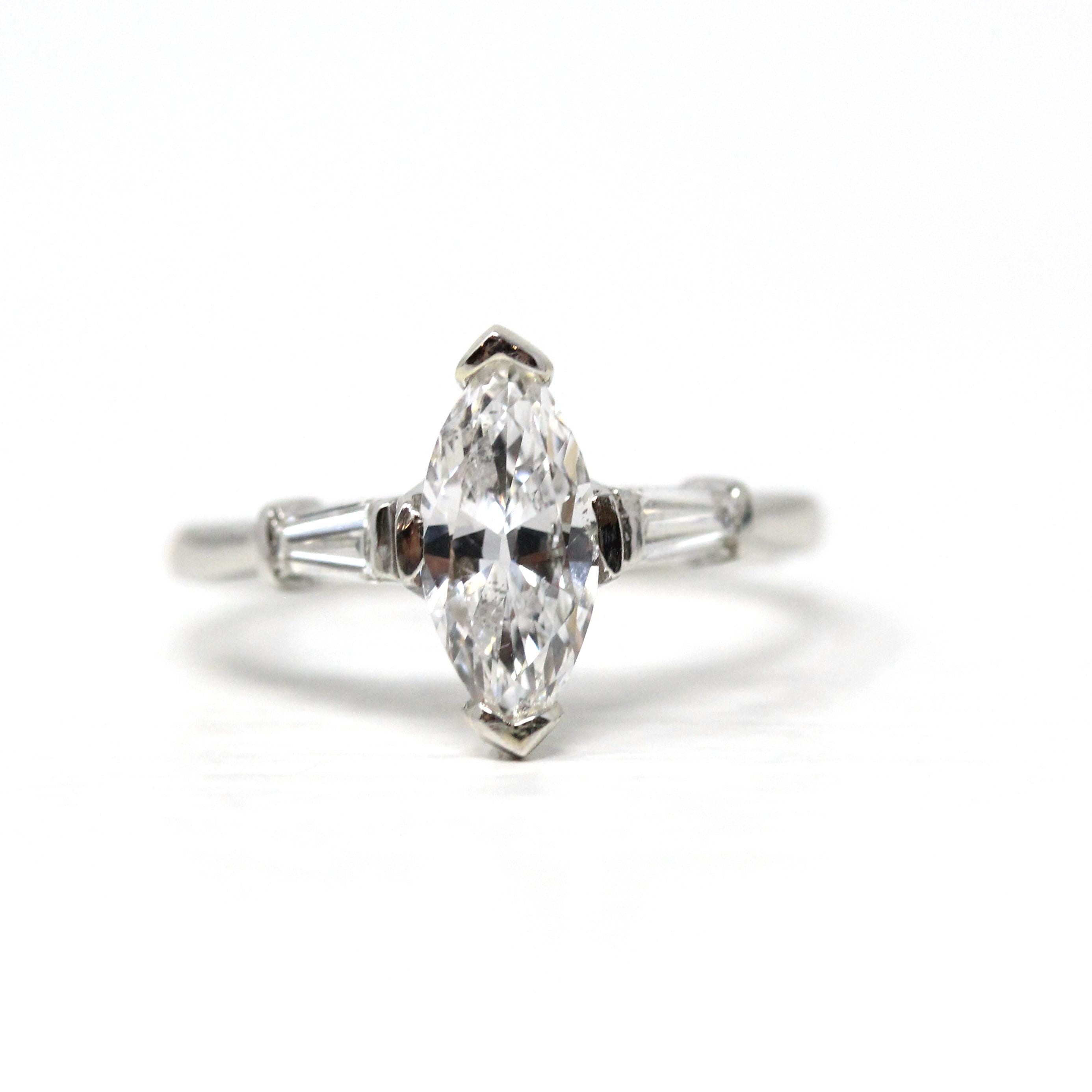 Diamond Engagement Ring - Vintage Platinum Genuine Marquise & Baguette Diamond - Circa 50s Size 6 1/4 Three Stone Fine Bridal Report Jewelry