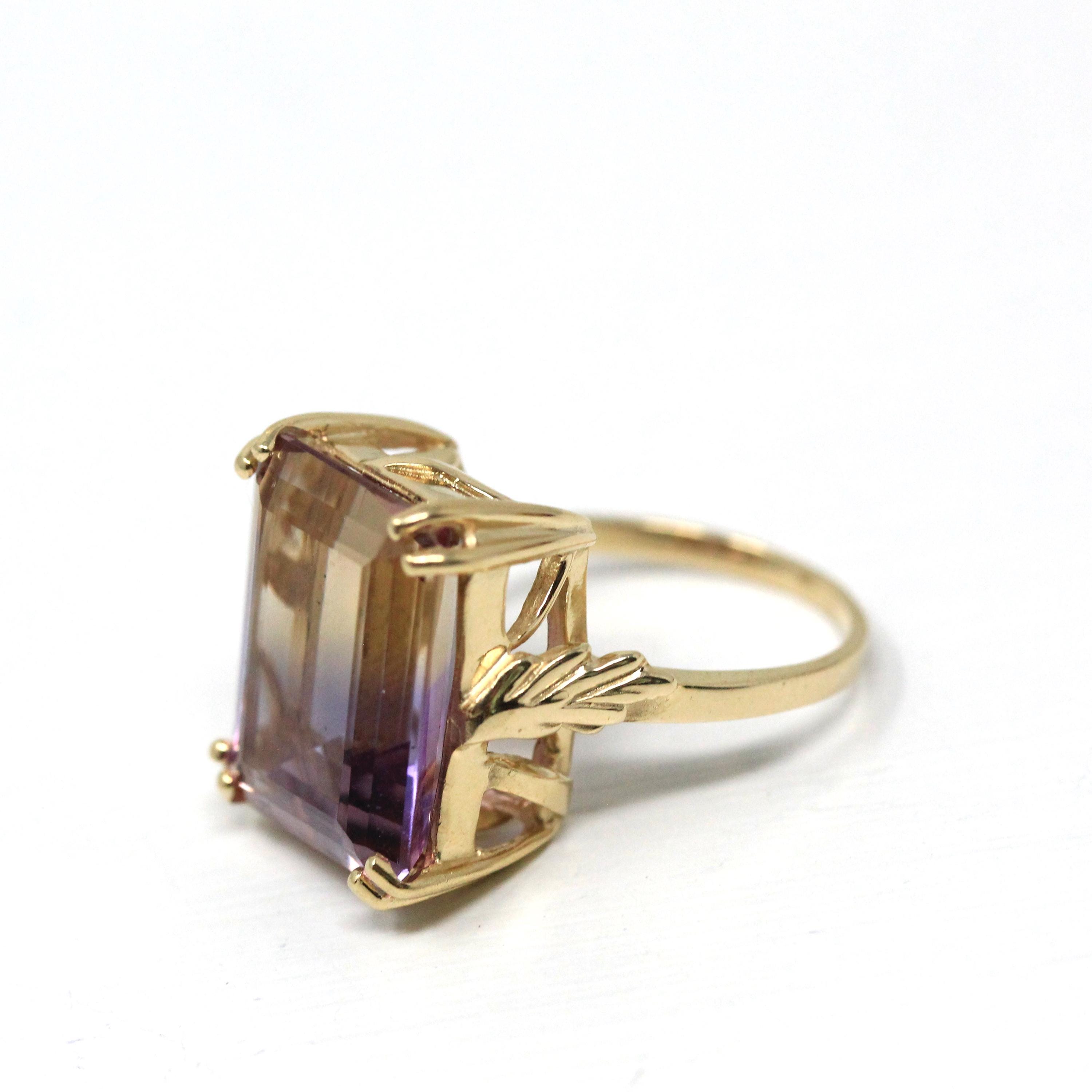 Genuine Ametrine Ring - 14k Yellow Gold Statement Rectangular Multi Color Gem - Modern 2000s Size 6 Purple Yellow Solitaire Fine Y2K Jewelry