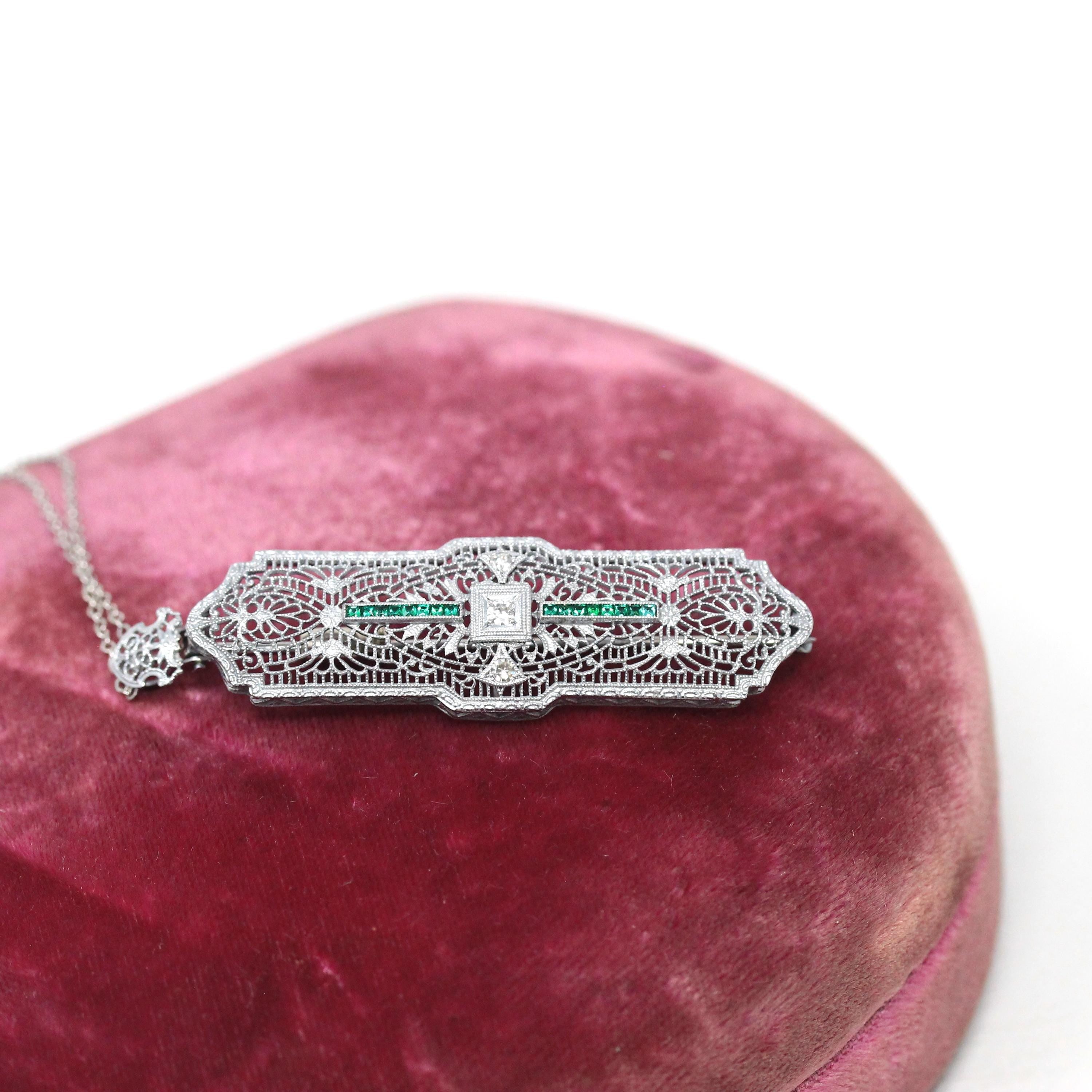 Art Deco Necklace - Vintage 14k White Gold Flower Filigree Diamond Simulated Emerald Pendant - Circa 1930s Brooch Conversion Fine Jewelry