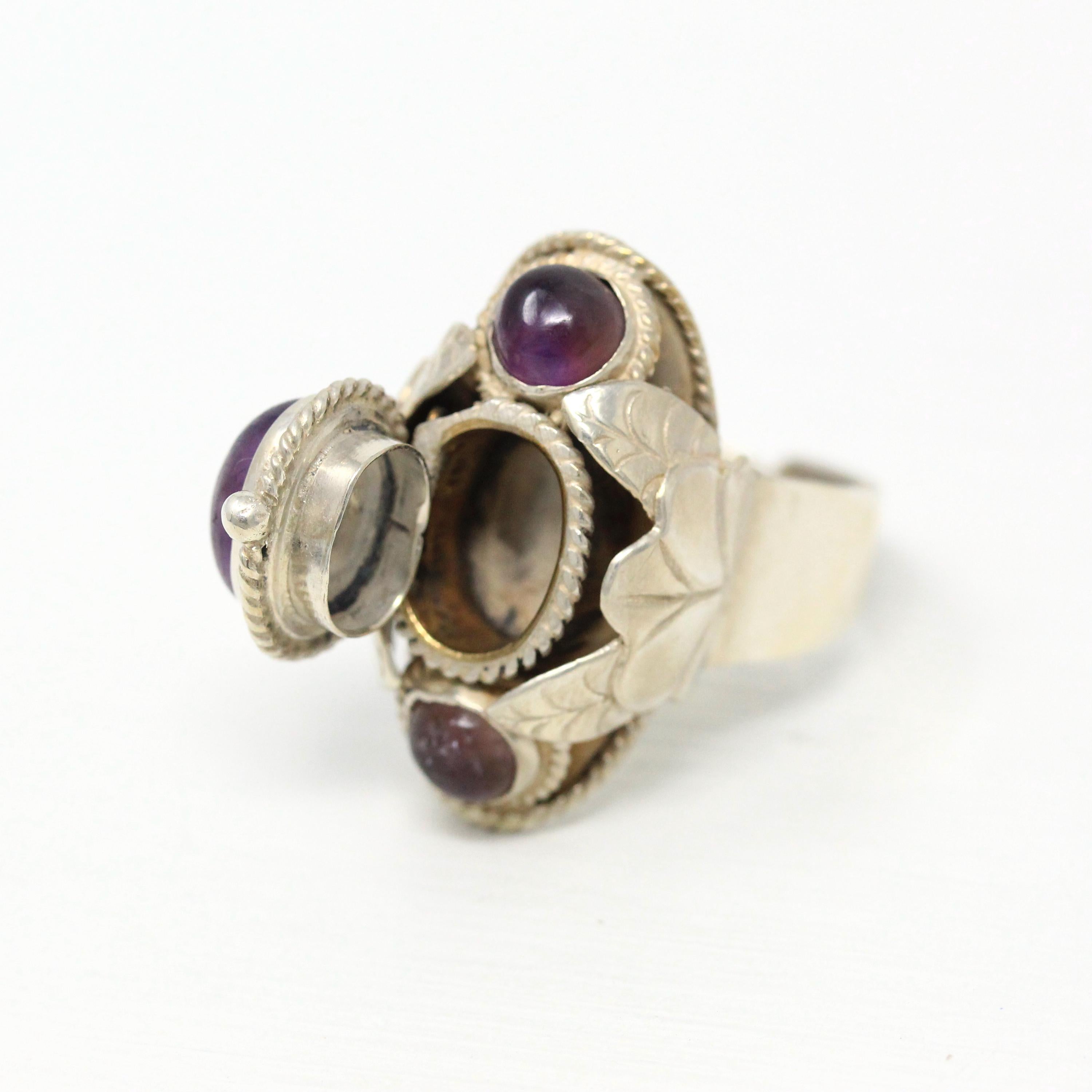 Vintage Poison Ring Retro Sterling Silver Genuine Cabochon