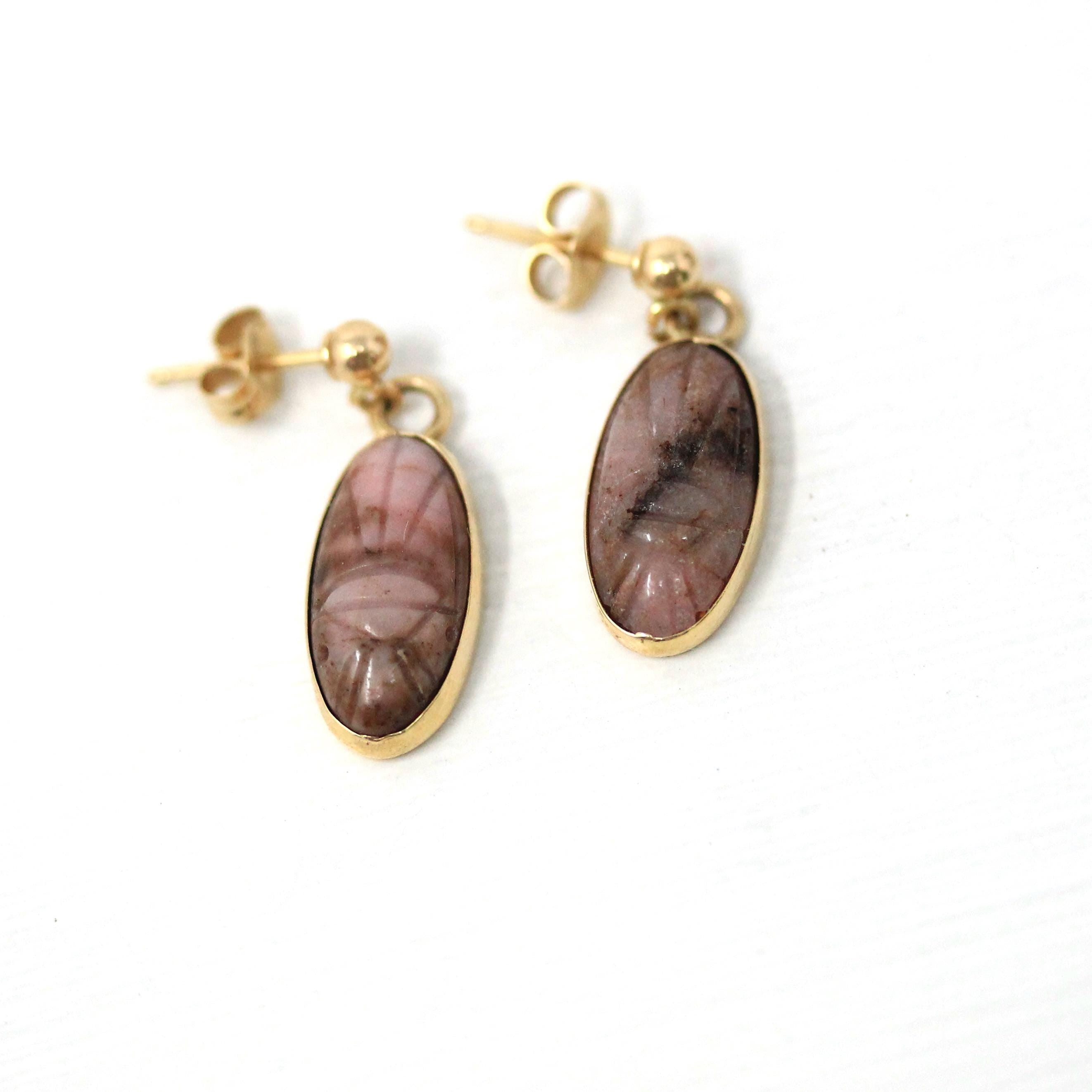 Vintage Scarab Earrings - Retro 14k Yellow Gold Carved Genuine Rhodonite Gemstone - Circa 1960s Era Egyptian Revival Style Beetle Jewelry