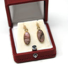 Vintage Scarab Earrings - Retro 14k Yellow Gold Carved Genuine Rhodonite Gemstone - Circa 1960s Era Egyptian Revival Style Beetle Jewelry