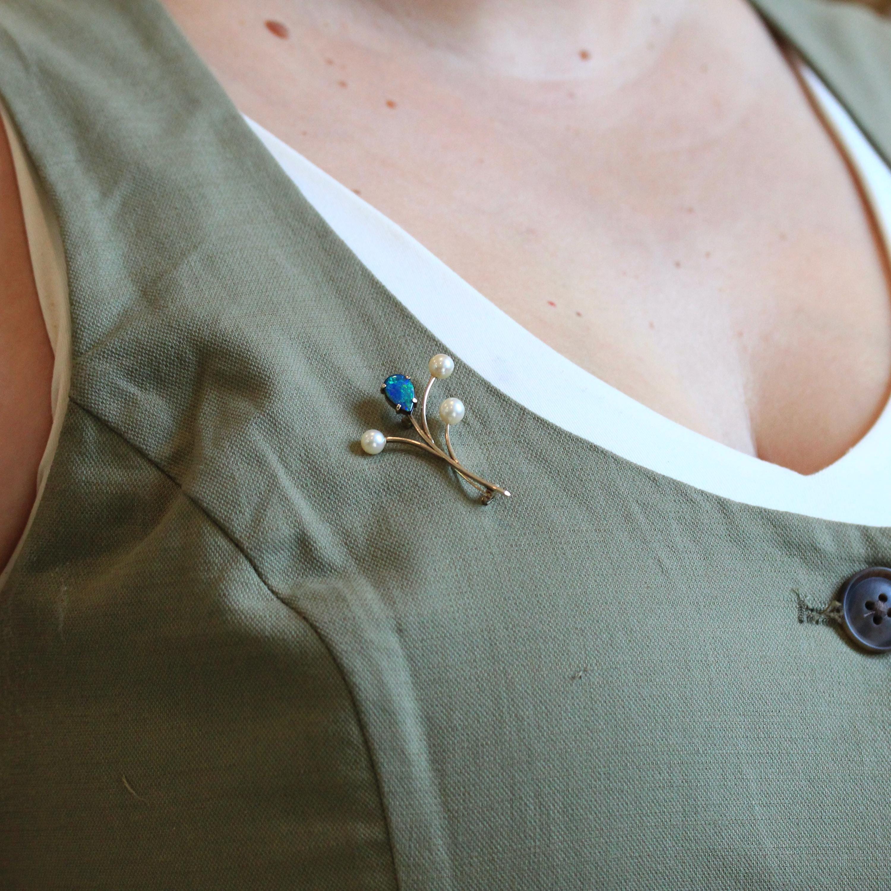 Vintage Floral Brooch - Retro 14k Yellow Gold Opal Triplet Cultured Pearl Gemstones - Circa 1970s Era Statement Nature Inspired Fine Jewelry