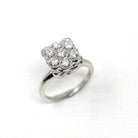 Diamond Cluster Ring - Mid Century 10k White Gold Genuine Gemstones - Vintage Circa 1950s Era Size 4 1/4 Cocktail Flower Fine Halo Jewelry