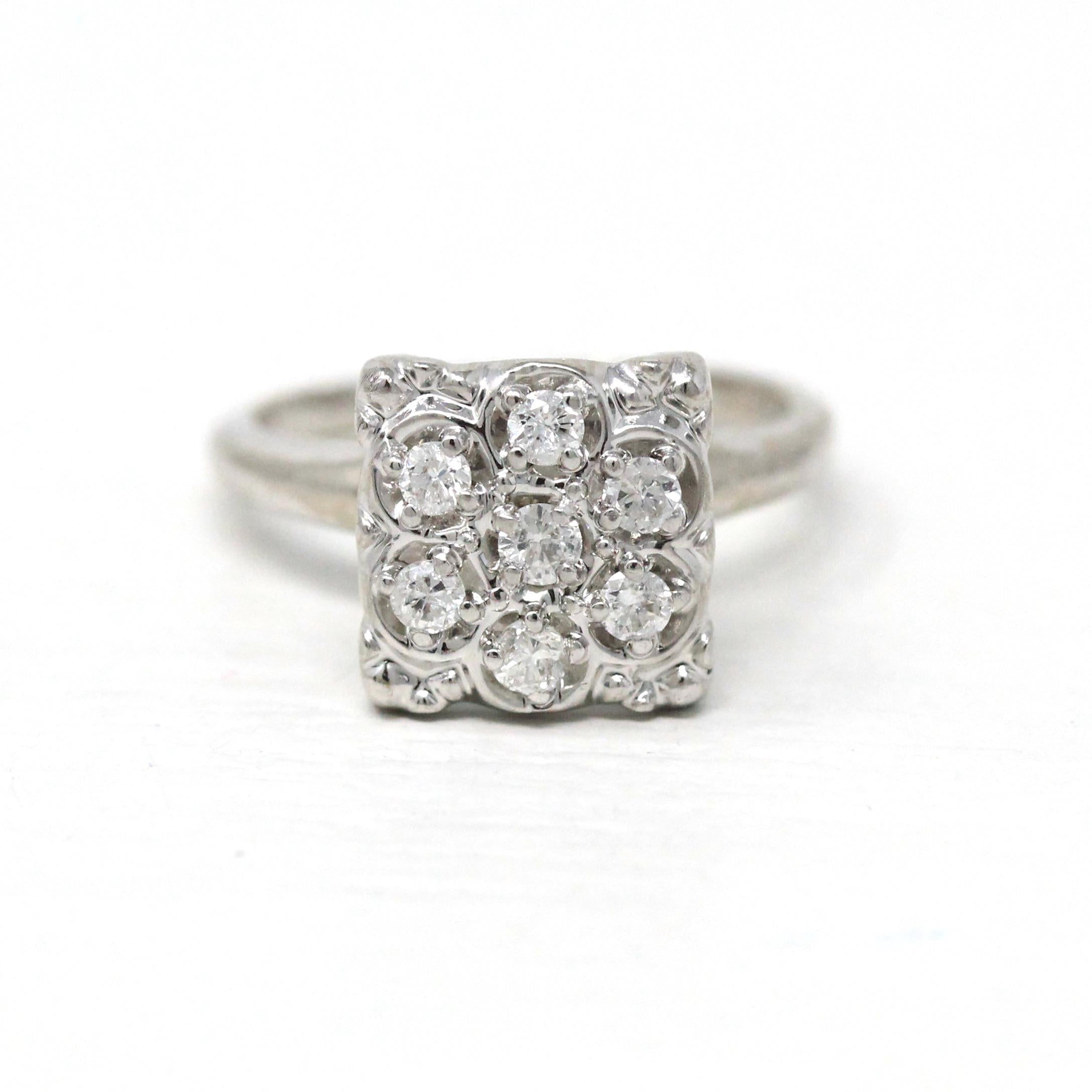 Diamond Cluster Ring - Mid Century 10k White Gold Genuine Gemstones - Vintage Circa 1950s Era Size 4 1/4 Cocktail Flower Fine Halo Jewelry