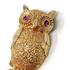 Vintage Owl Brooch - Retro Era 14k Yellow Gold Created Ruby Eyes Winged Animal Pendant - Circa 1960s Figural Gemstone Fine 60s Bird Jewelry
